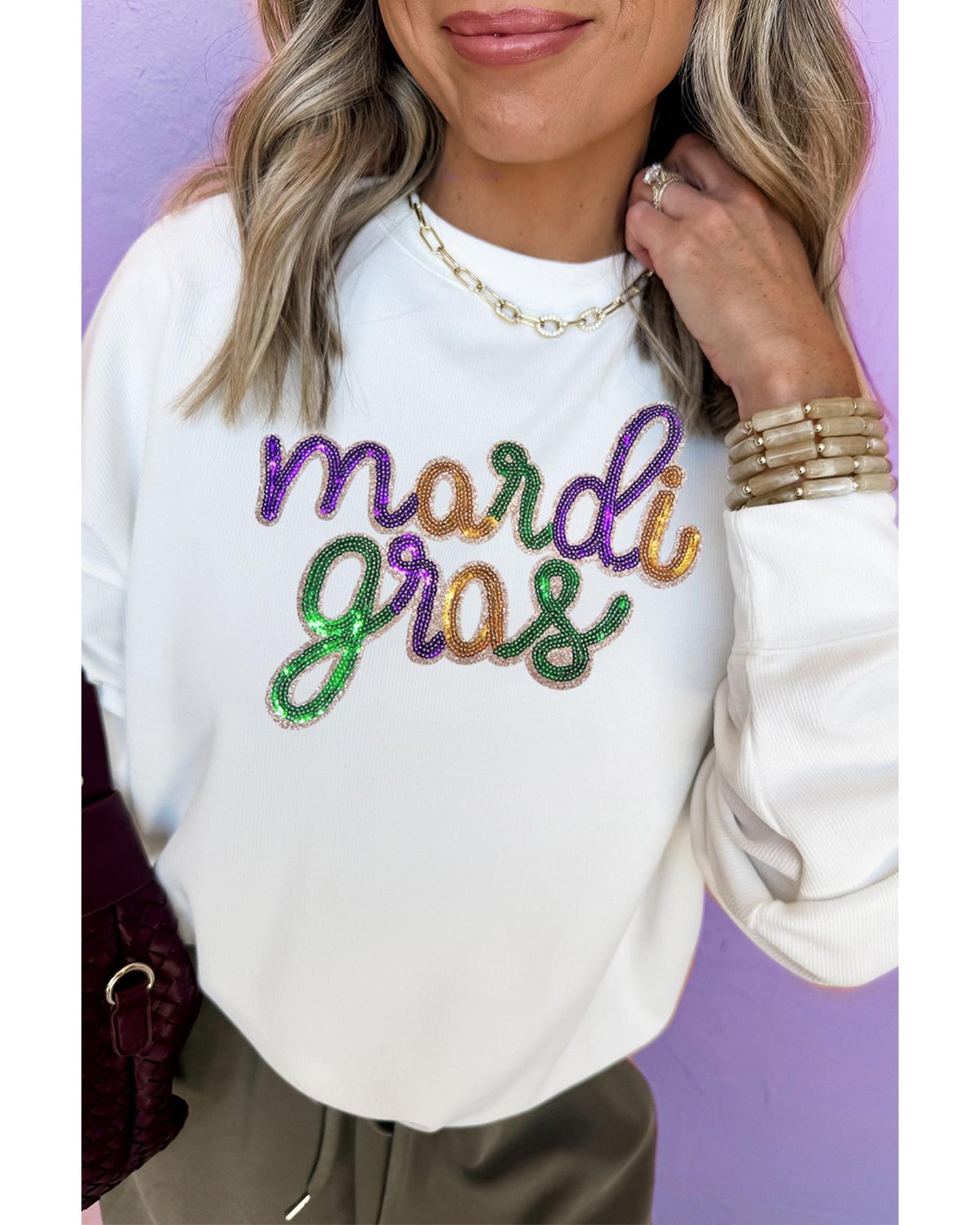 White Sequined mardi gras Graphic Crew Neck Drop Shoulder Sweatshirt - M