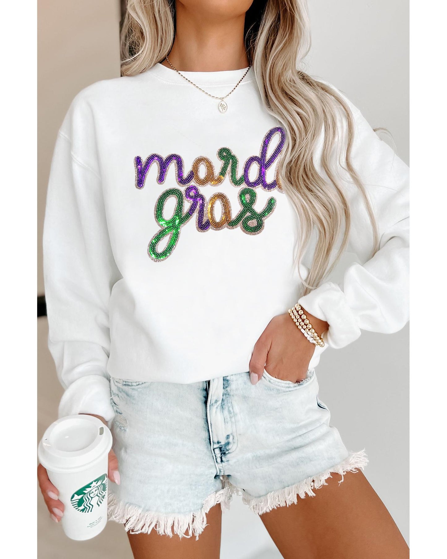 White Sequined mardi gras Graphic Crew Neck Drop Shoulder Sweatshirt - M