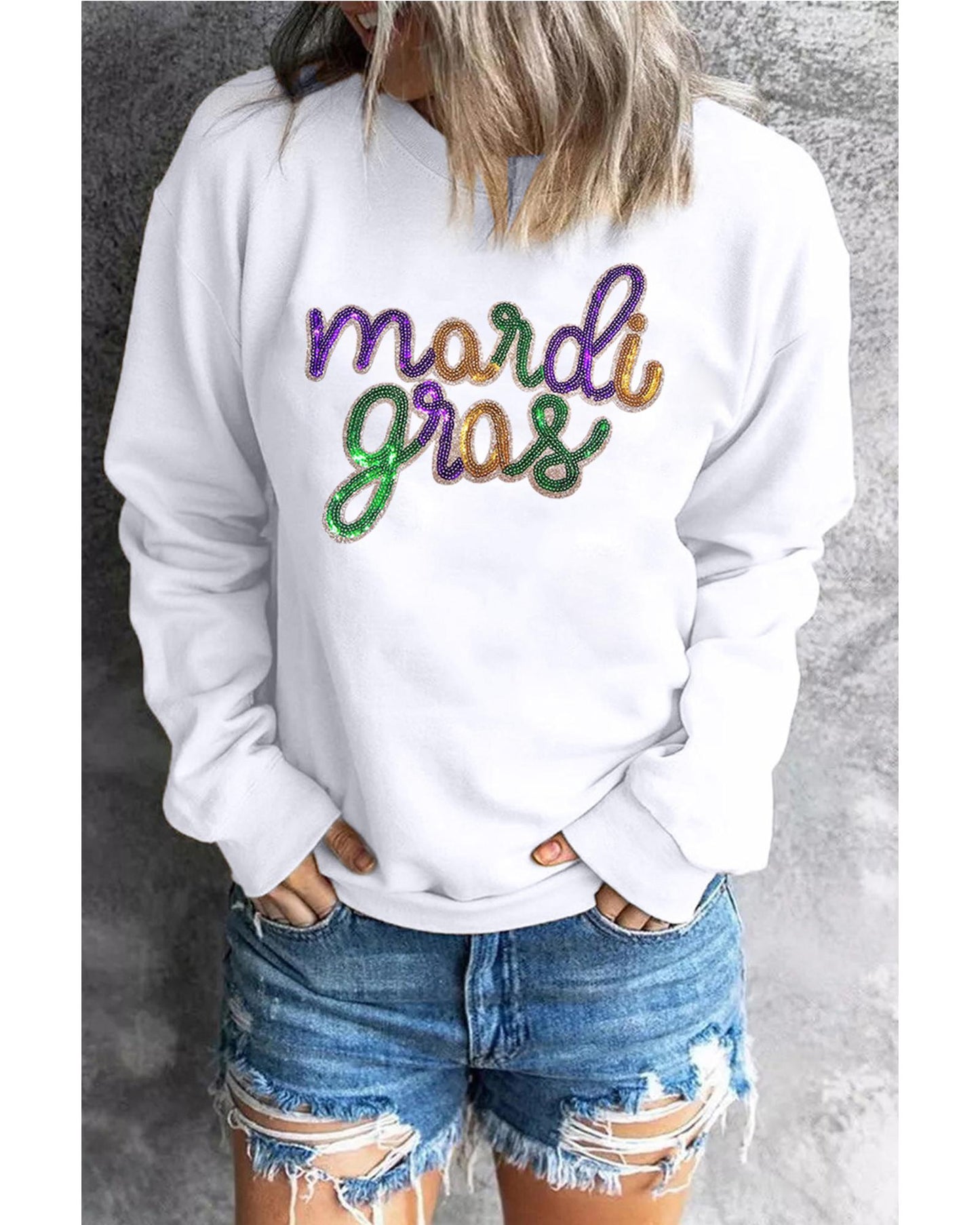 White Sequined mardi gras Graphic Crew Neck Drop Shoulder Sweatshirt - M
