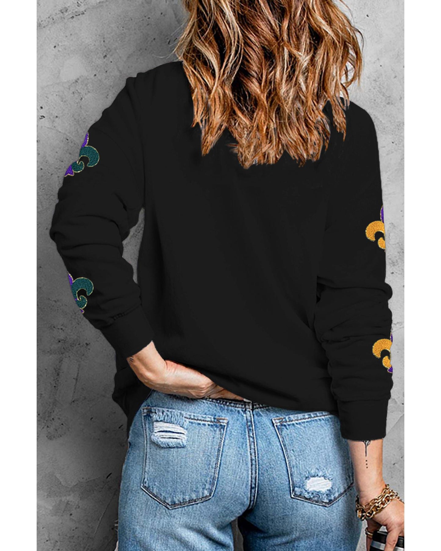 Black Mardi Gras Pattern Crew Neck Pullover Sweatshirt - XL
