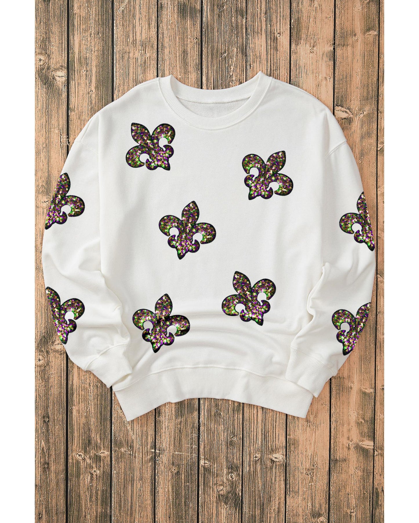 White Sequined Fleur De Lis Drop Shoulder Sweatshirt - 2XL