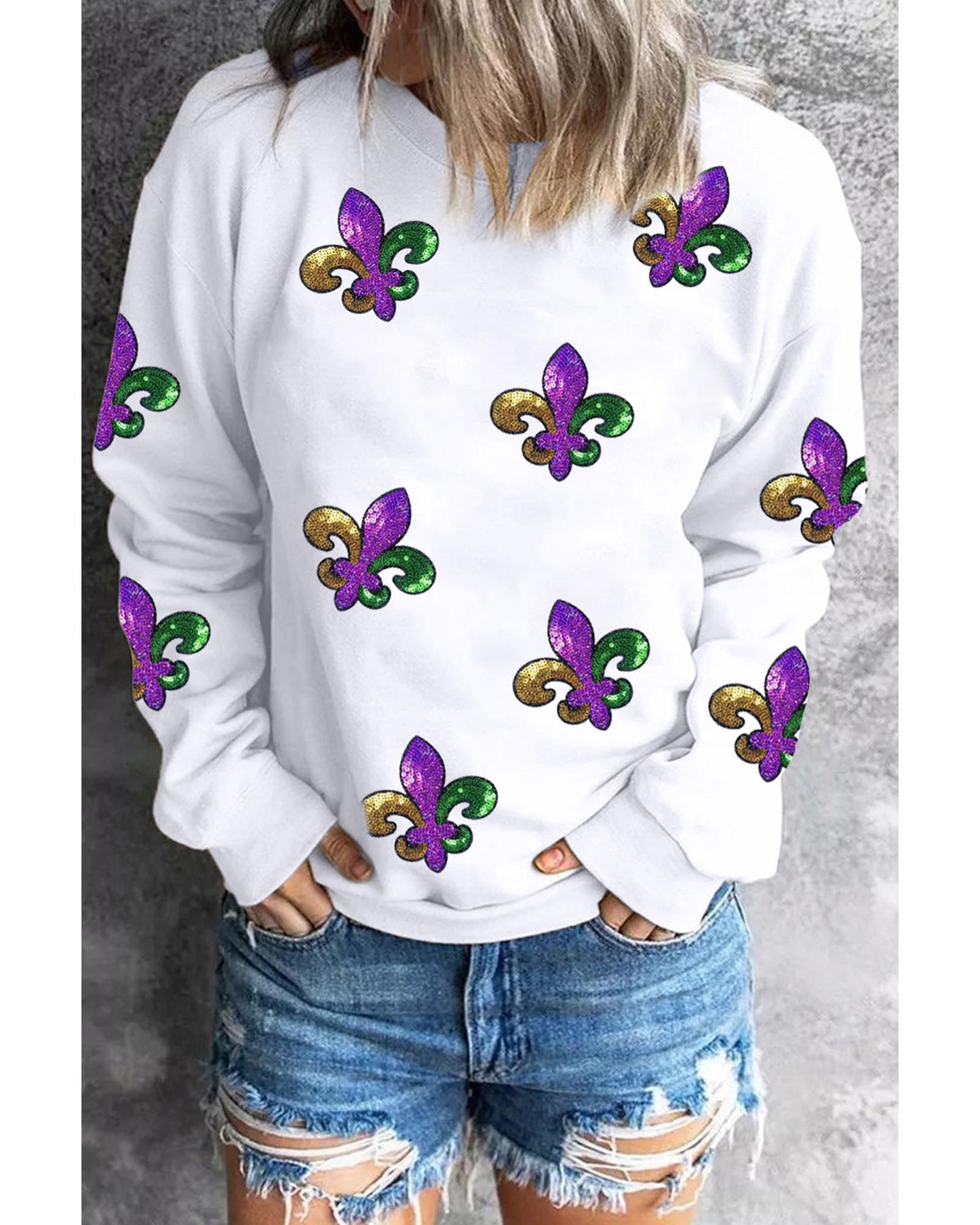 White Fleur De Lis Sequin Patched Graphic Drop Shoulder Sweatshirt - XL