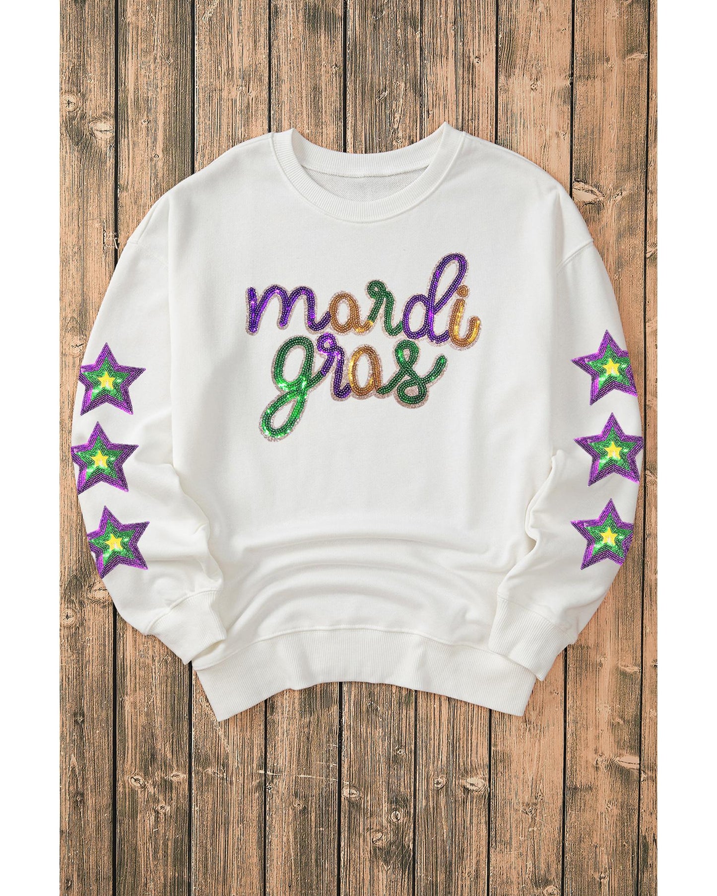 White Sequin mardi gras Graphic Star Sleeve Pullover Sweatshirt - M