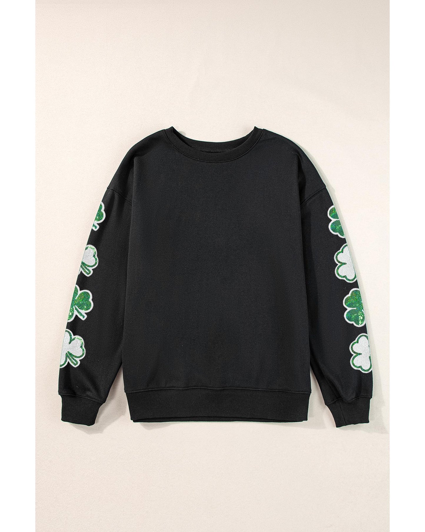 Black Sequin Clover Patched Drop Shoulder Sweatshirt - XL
