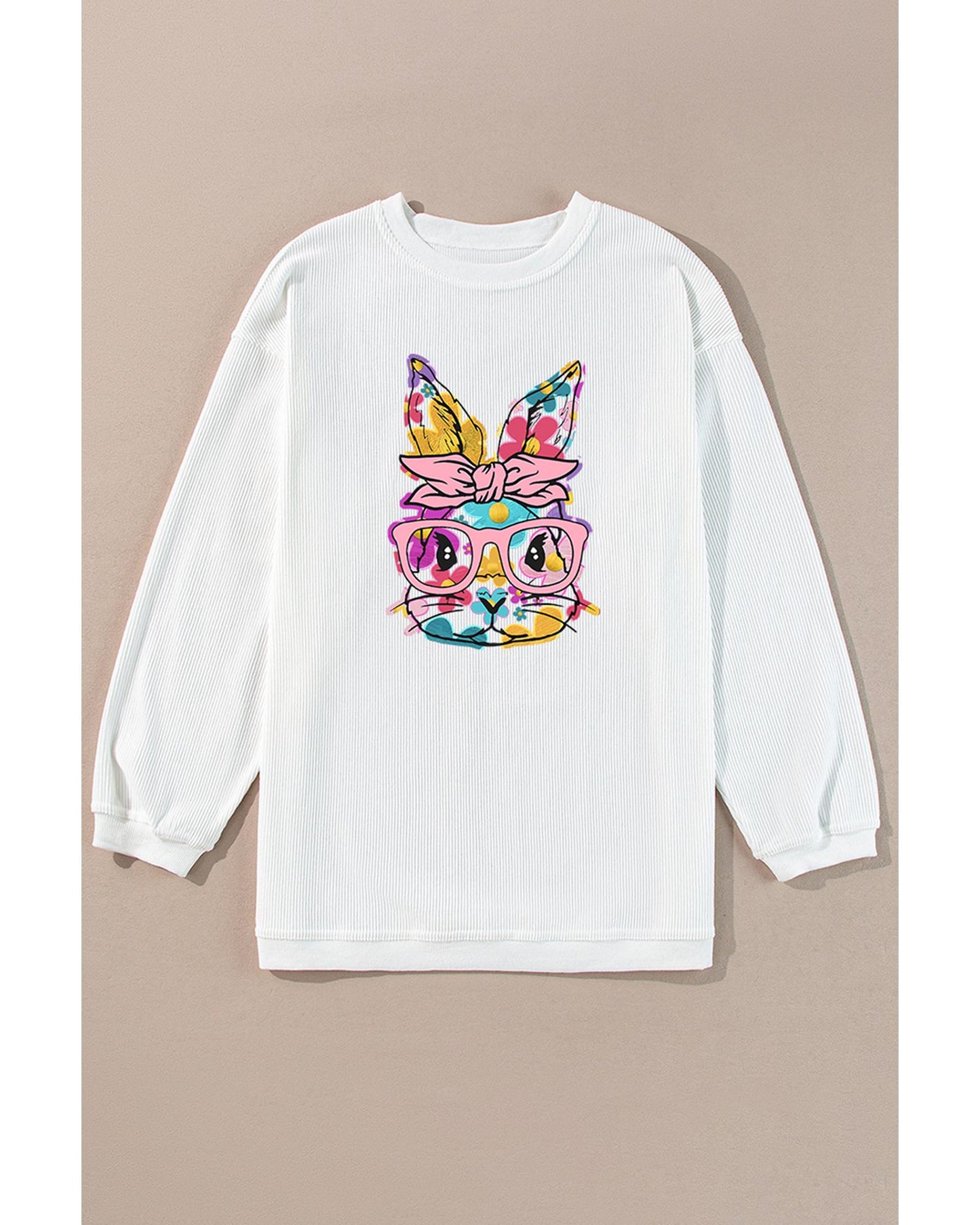 White Floral Rabbit with Glasses Graphic Corded Easter Sweatshirt - L