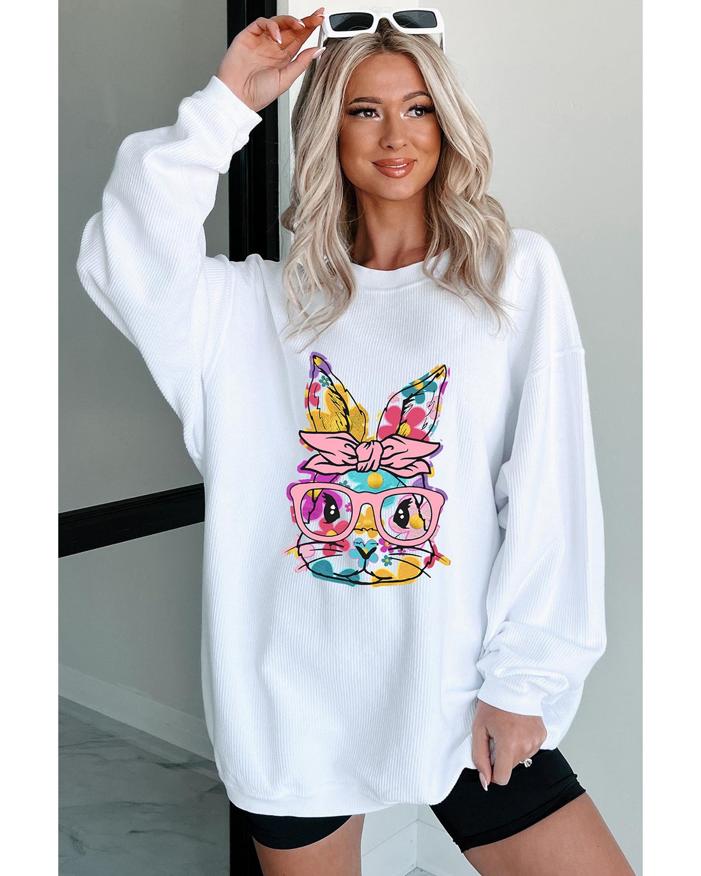 White Floral Rabbit with Glasses Graphic Corded Easter Sweatshirt - S