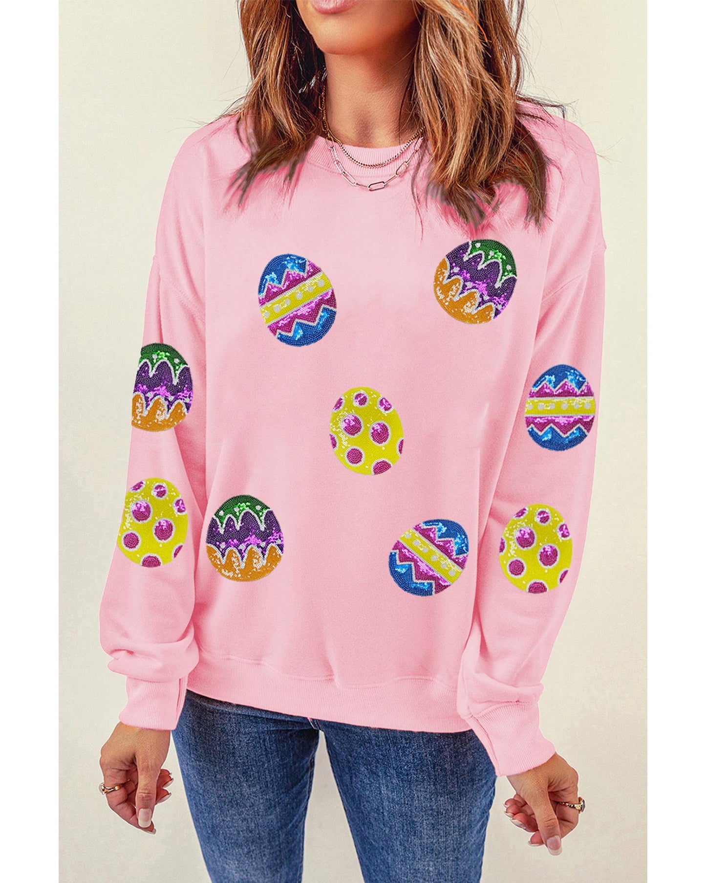 Pink Easter Egg Patched Graphic Drop Shoulder Pullover Sweatshirt - L