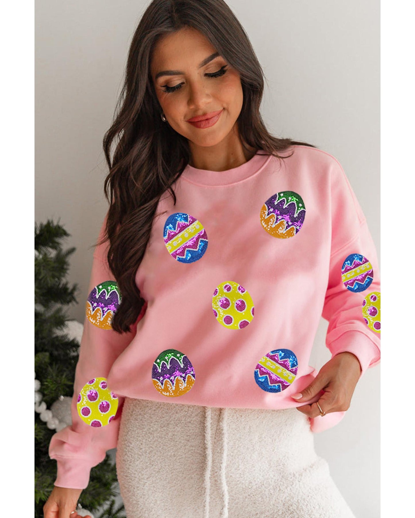 Pink Easter Egg Patched Graphic Drop Shoulder Pullover Sweatshirt - M