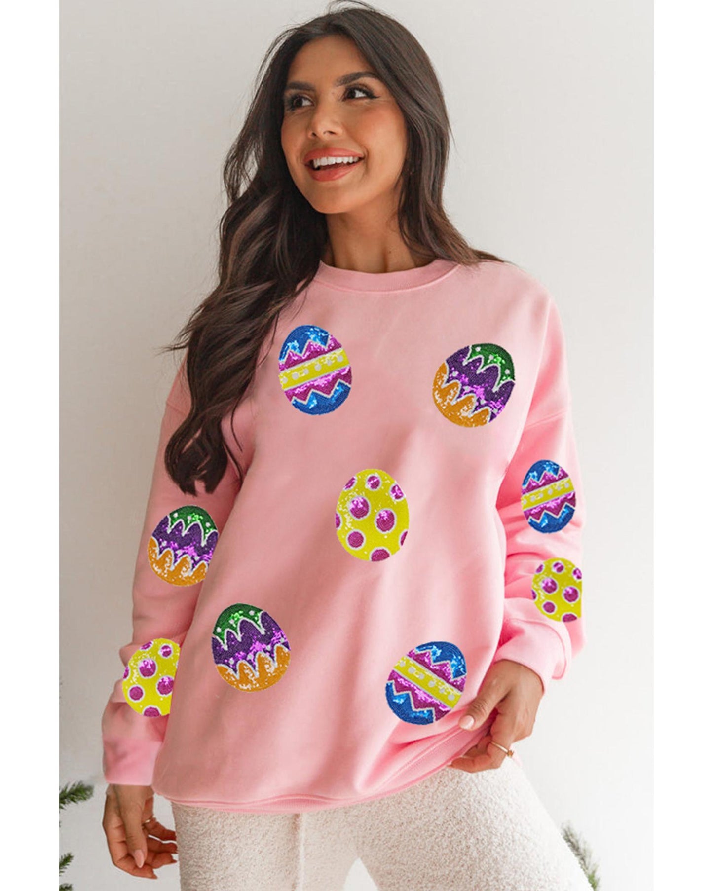 Pink Easter Egg Patched Graphic Drop Shoulder Pullover Sweatshirt - M