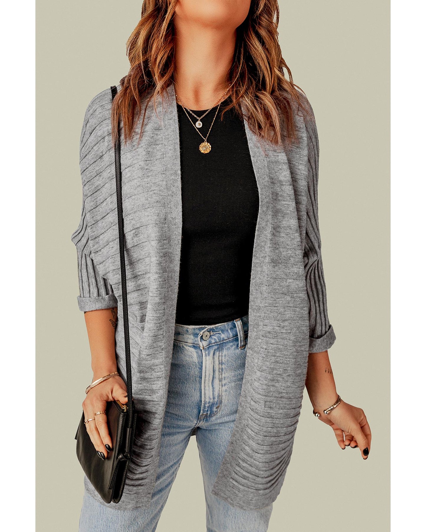 Gray Ribbed Open Front Knit Cardigan - XL