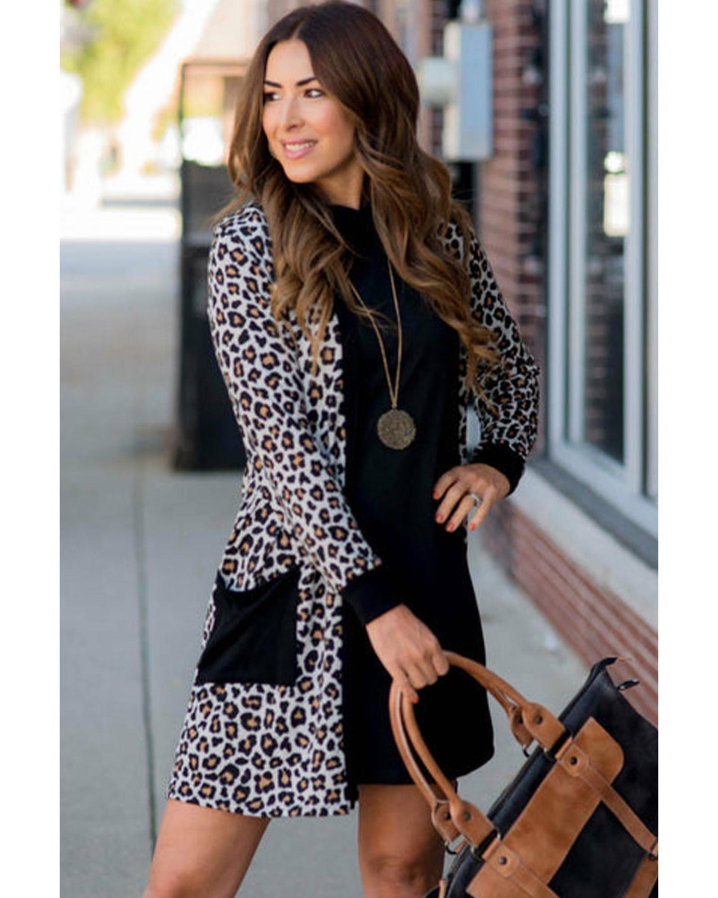 Black Leopard Patched Pocket Open Front Cardigan - XL