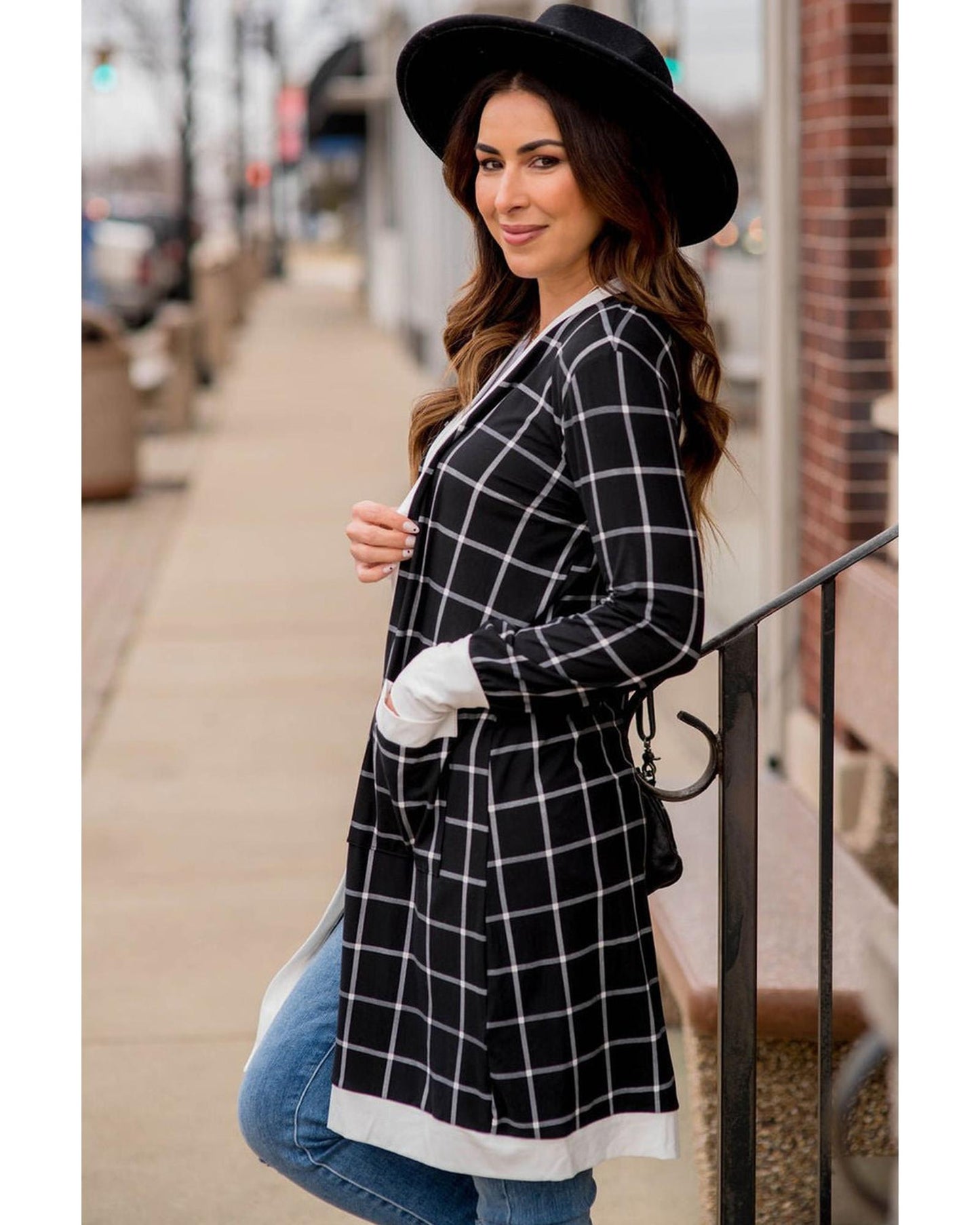 Black Plaid Colorblock Edge Open Cardigan with Pocket - S
