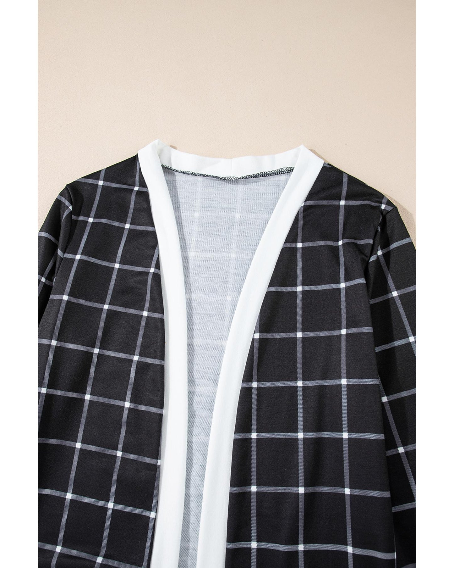 Black Plaid Colorblock Edge Open Cardigan with Pocket - S