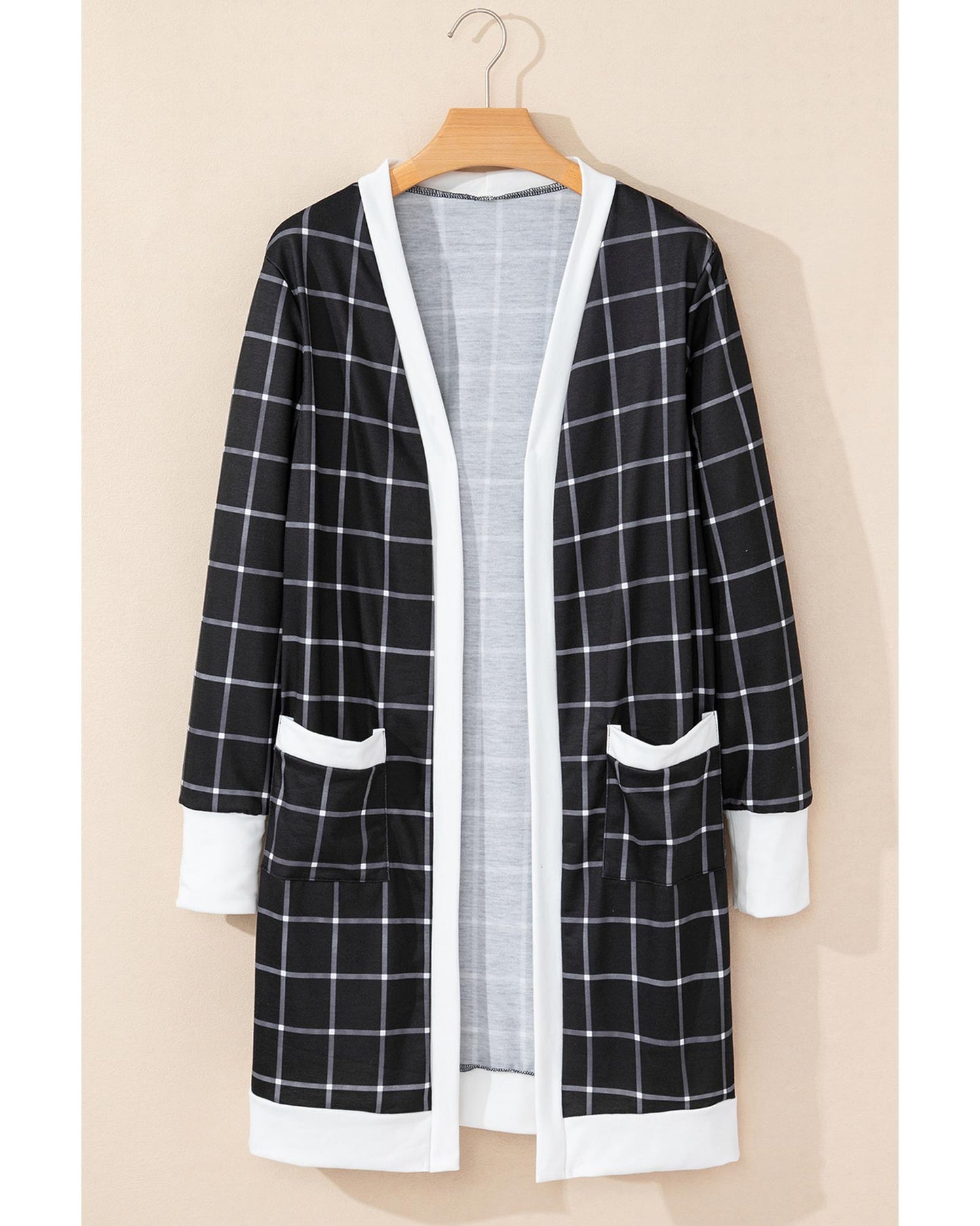 Black Plaid Colorblock Edge Open Cardigan with Pocket - S