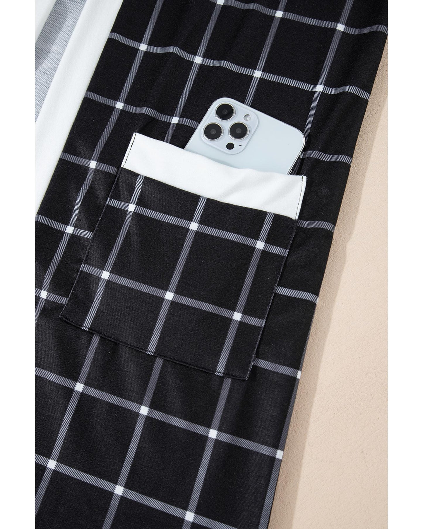 Black Plaid Colorblock Edge Open Cardigan with Pocket - S