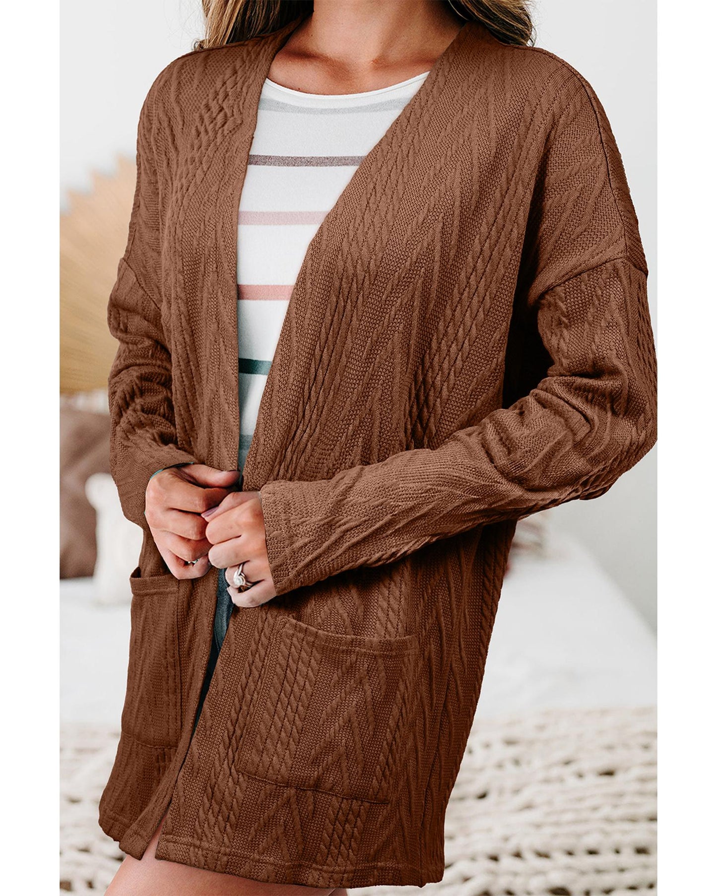Coffee Solid Textured Open Front Cardigan with Pocket - L