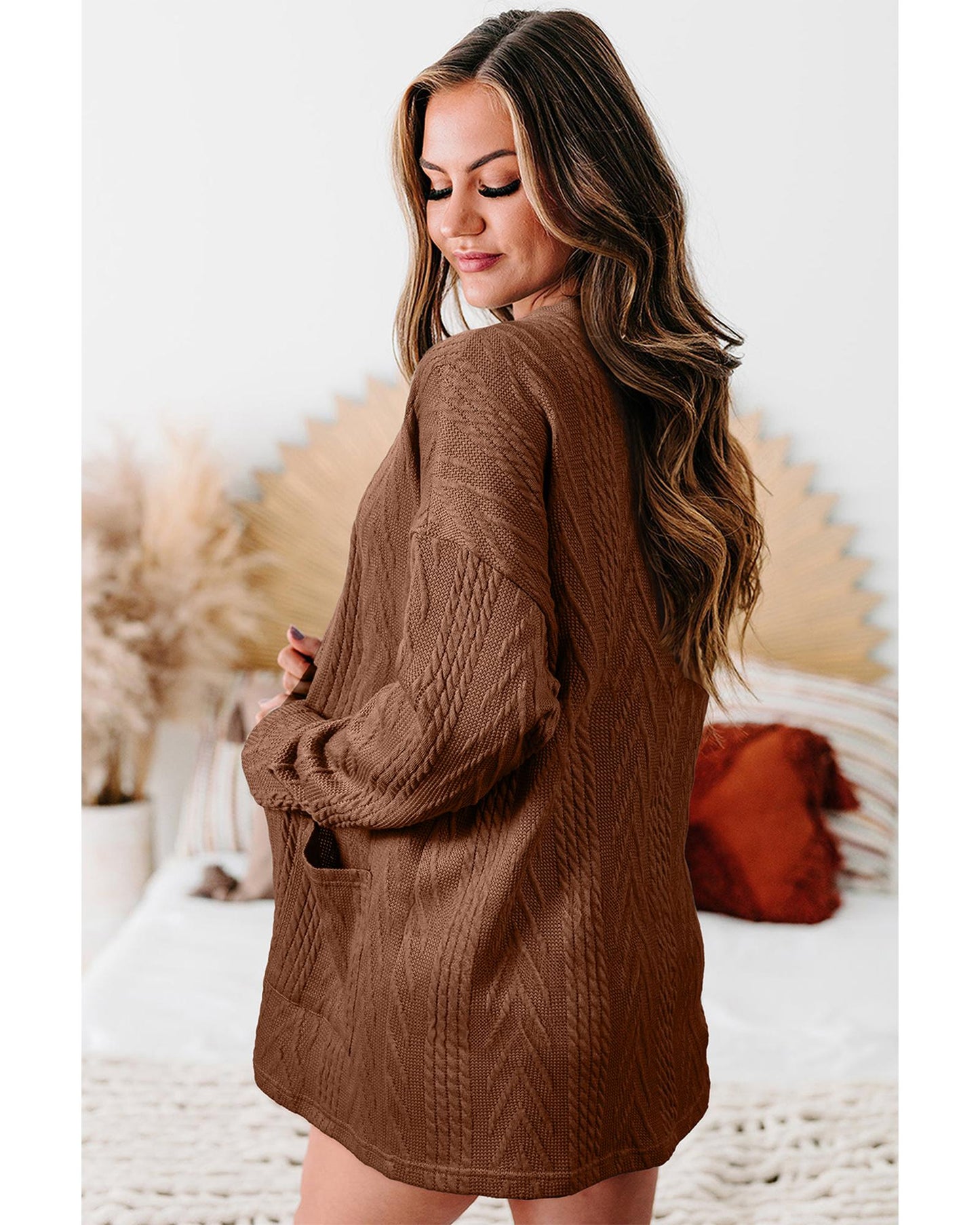 Coffee Solid Textured Open Front Cardigan with Pocket - XL