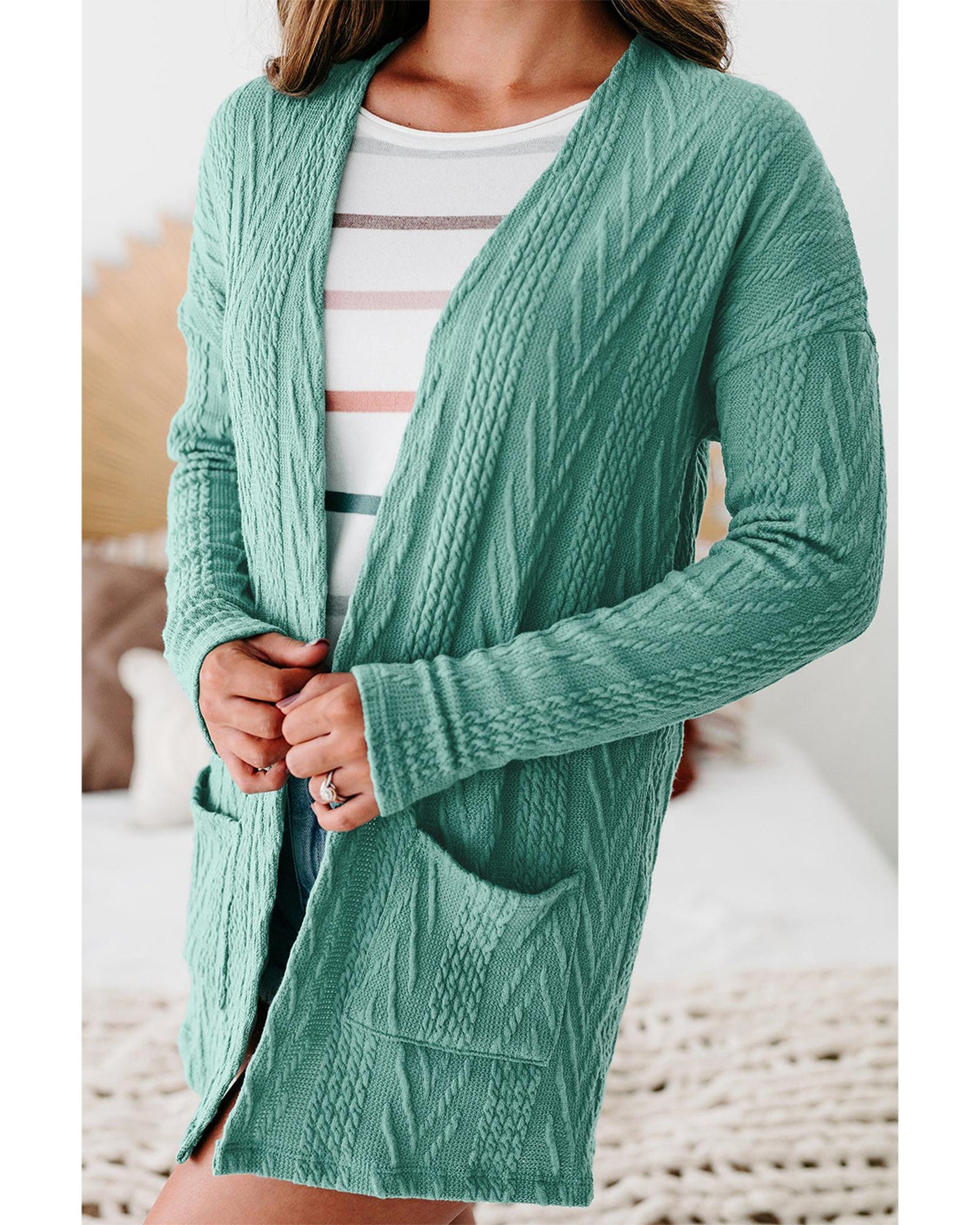 Canton Solid Textured Open Front Cardigan with Pocket - L