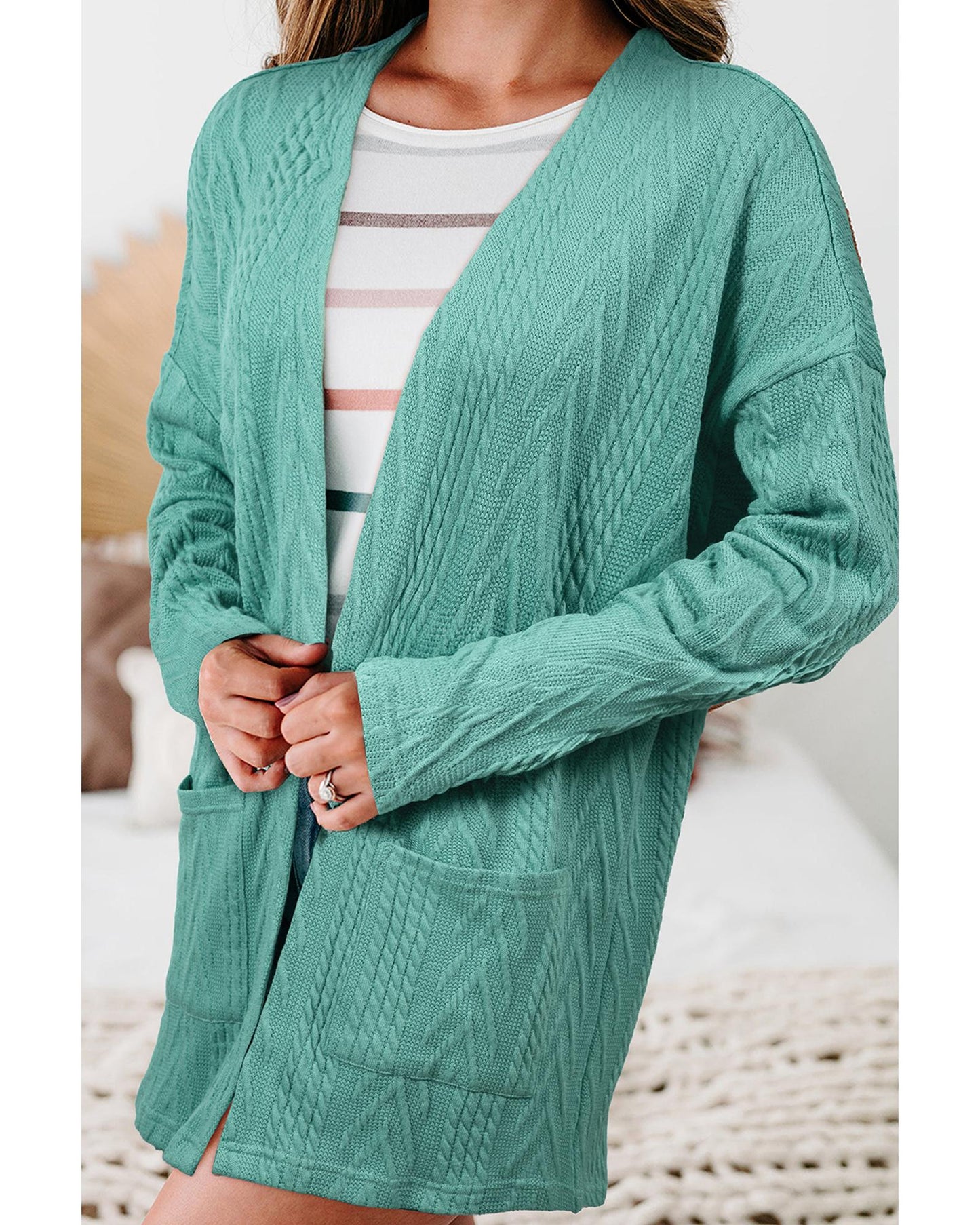 Canton Solid Textured Open Front Cardigan with Pocket - L