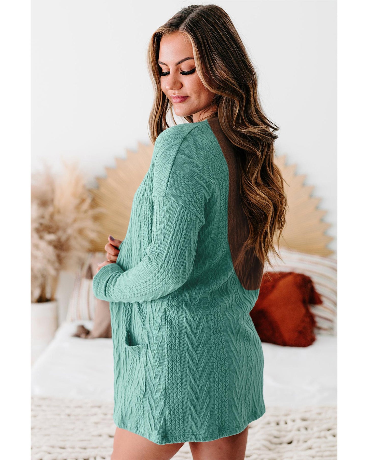 Canton Solid Textured Open Front Cardigan with Pocket - L