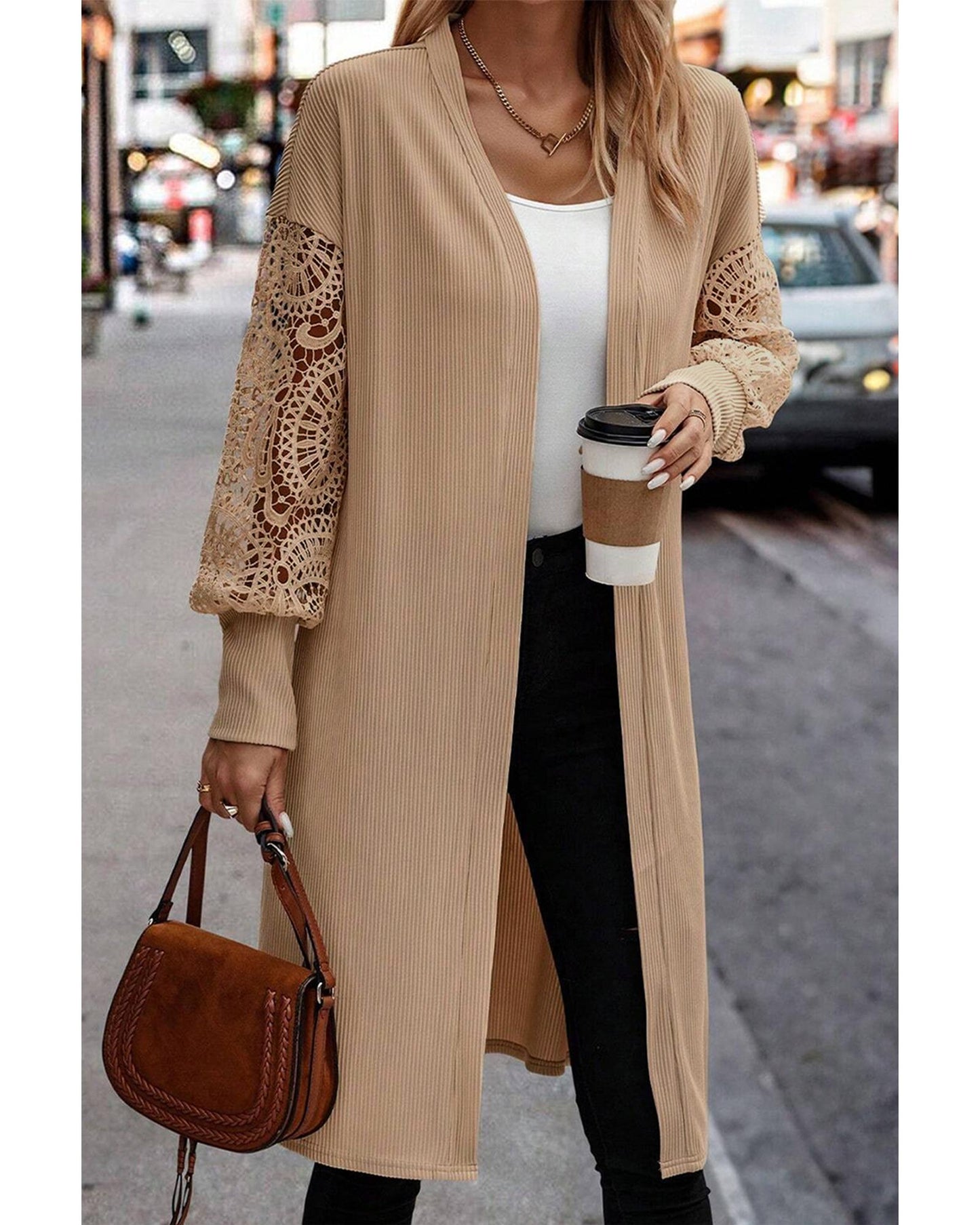 Parchment Lace Patchwork Ribbed Knit Open Front Duster Cardigan - M