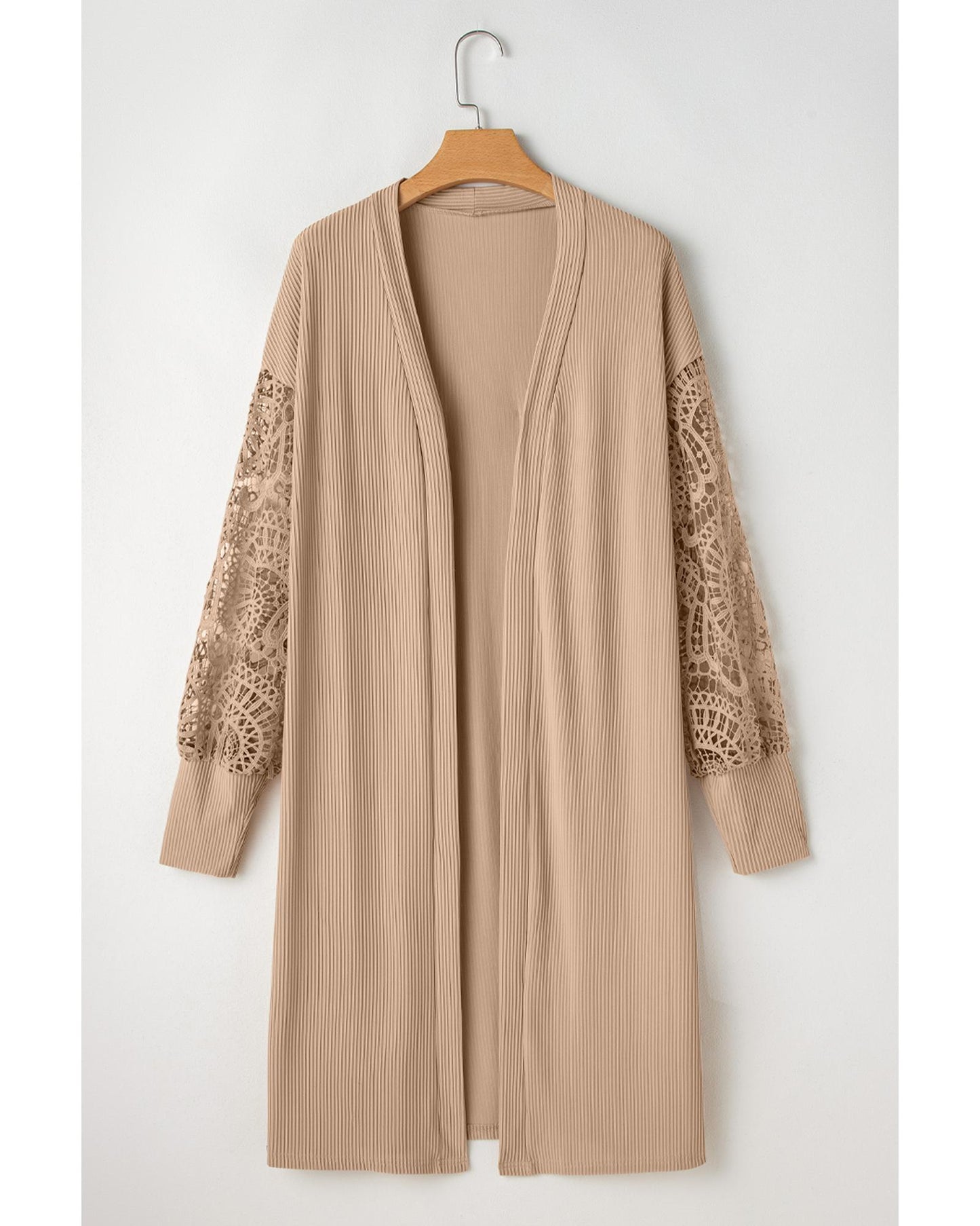 Parchment Lace Patchwork Ribbed Knit Open Front Duster Cardigan - M