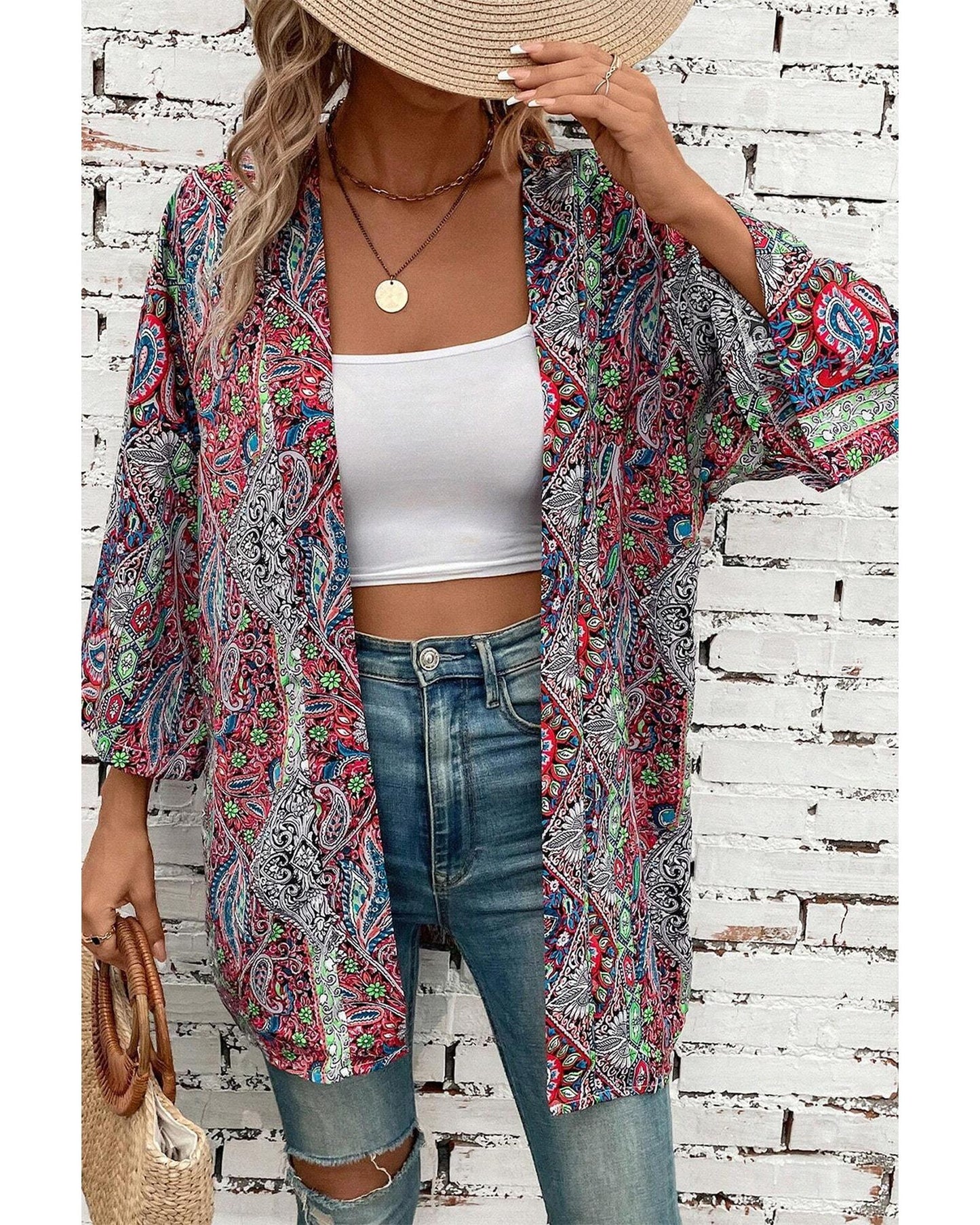 Red Paisley Print Open Front Kimono - L