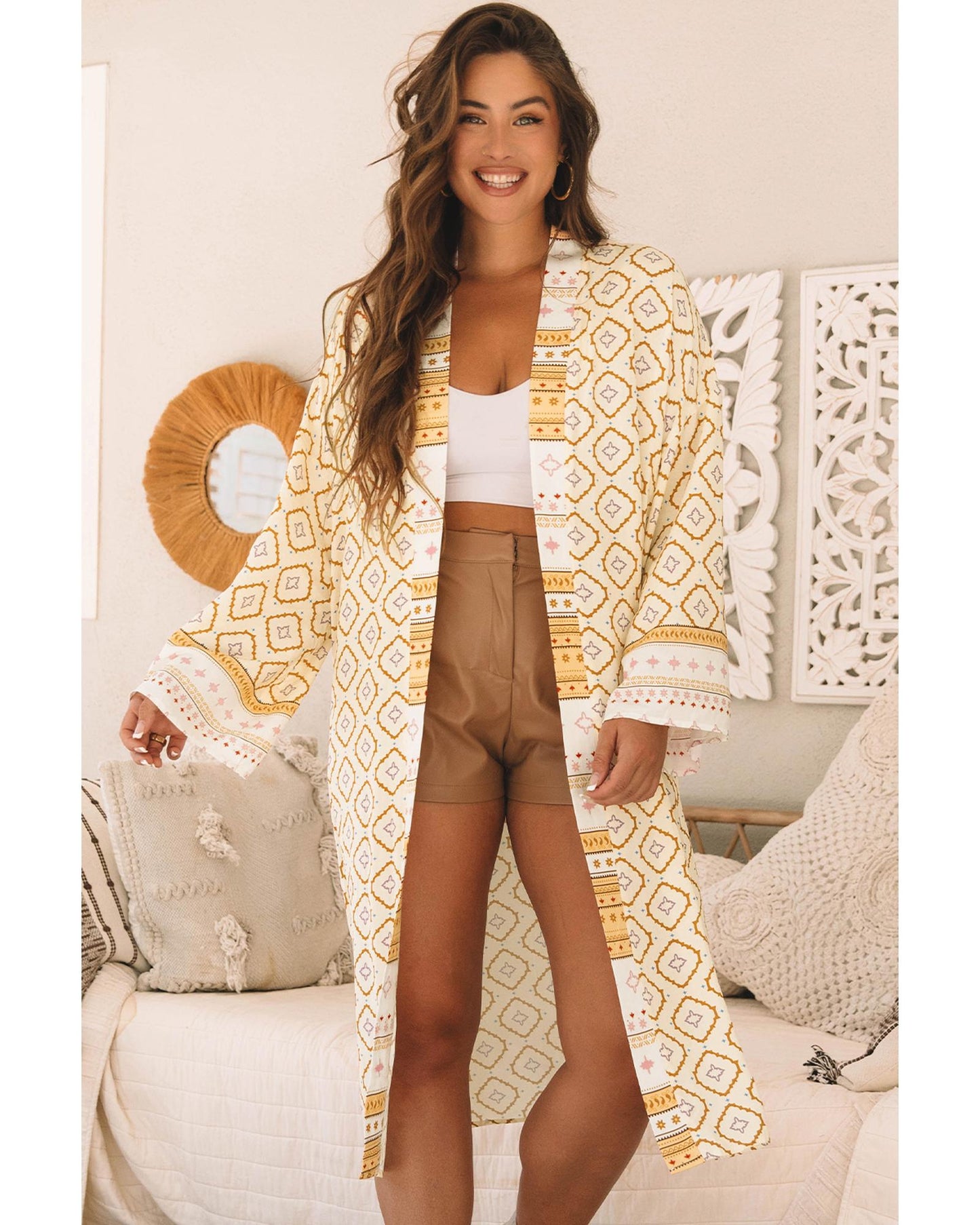 Yellow Bohemian Geometric Printed Loose Sleeve Long Kimono - L