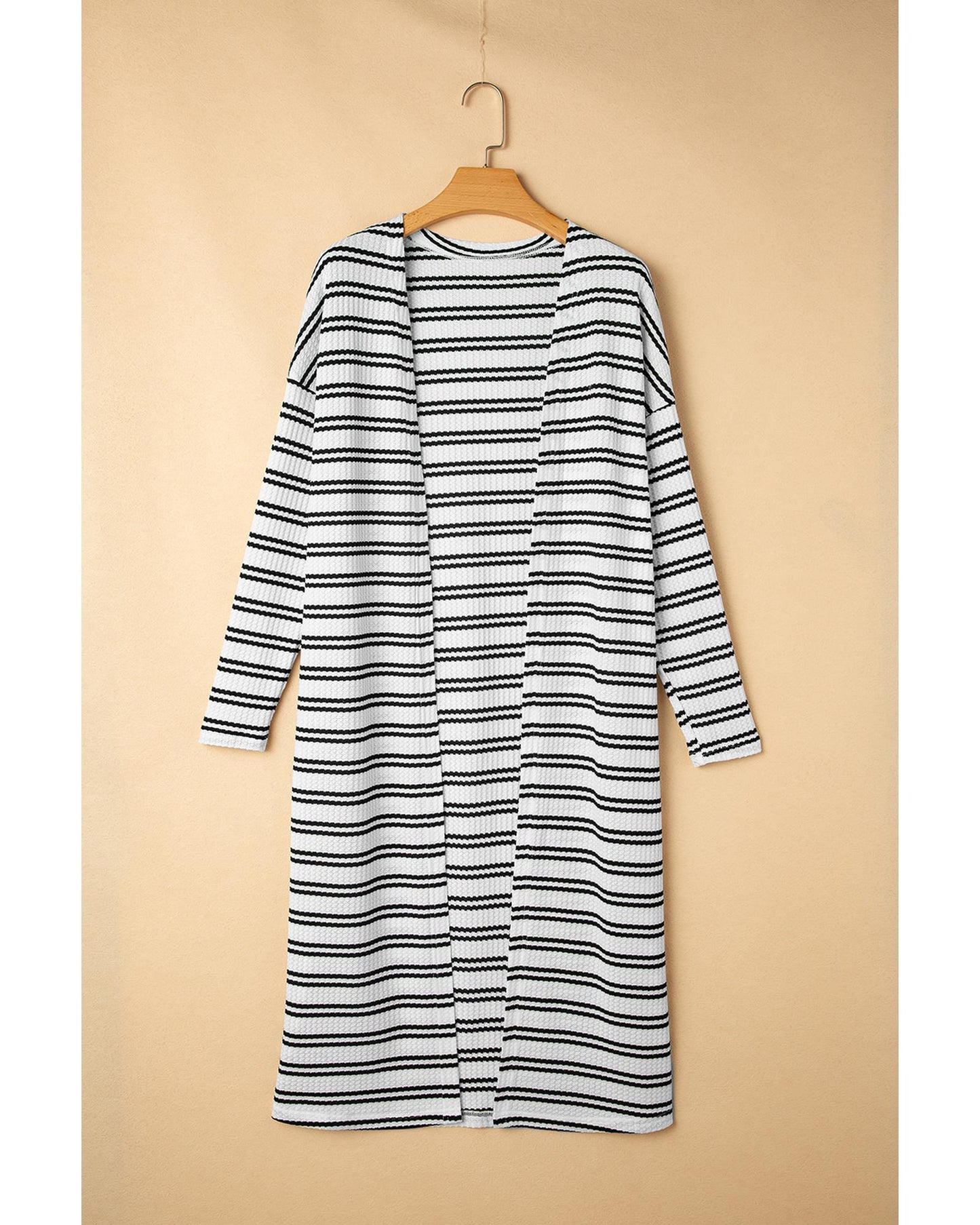 Black Stripe Print Open Front Duster Cardigan - L