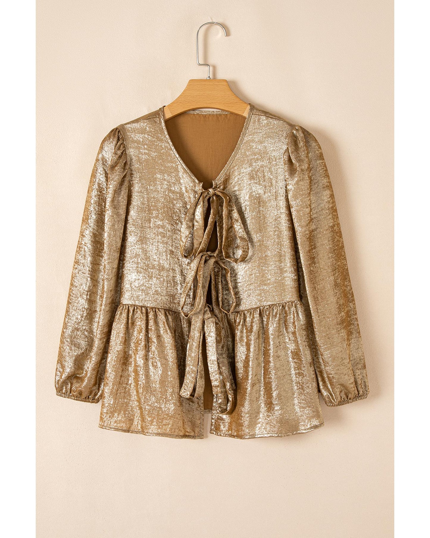 Gold Bow Tie Front Puff 3/4 Sleeve Ruffle Hem Blouse - M