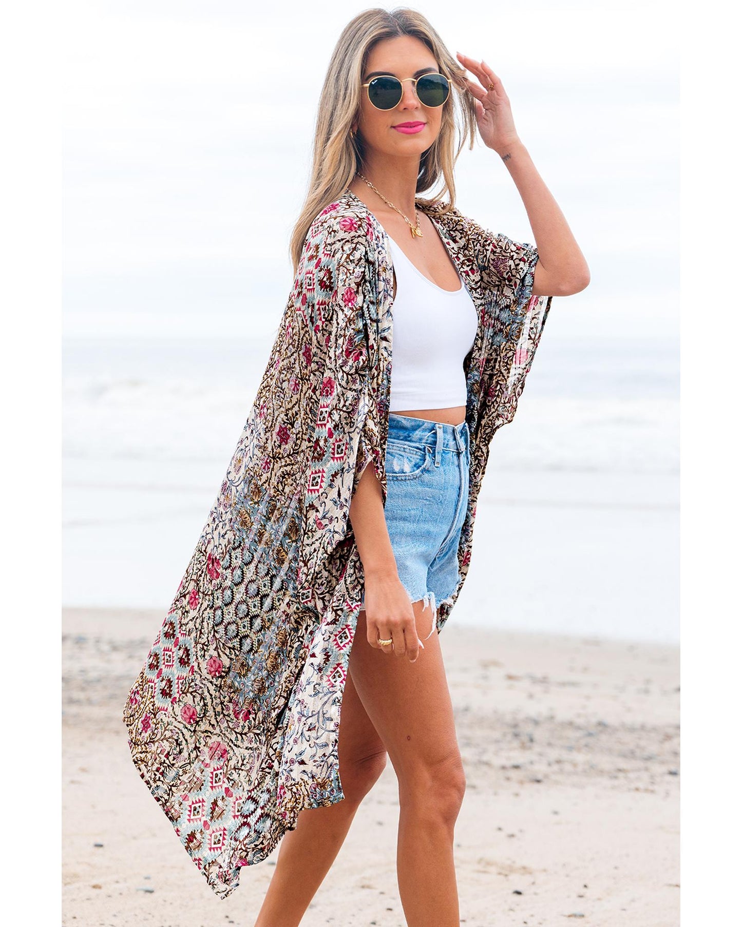 Apricot Floral Print Short Wide Sleeve Open Front Loose Kimono - One Size