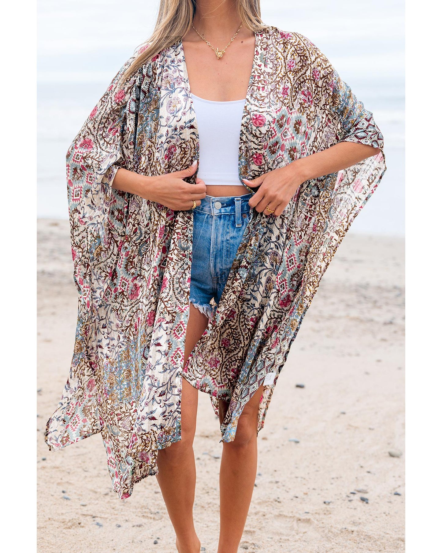 Apricot Floral Print Short Wide Sleeve Open Front Loose Kimono - One Size
