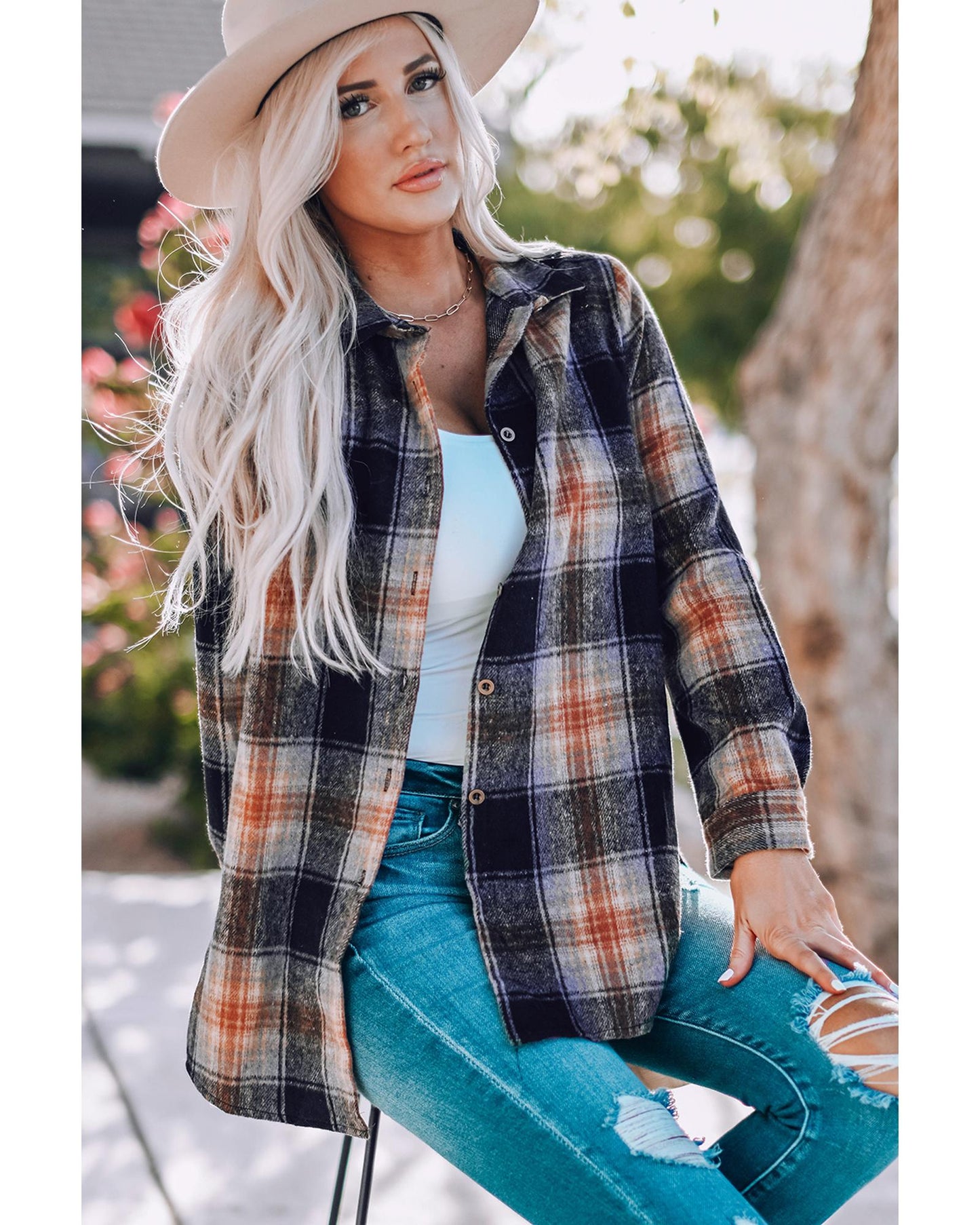 Black Oversize Rounded Hem Plaid Shacket with Slits - XL