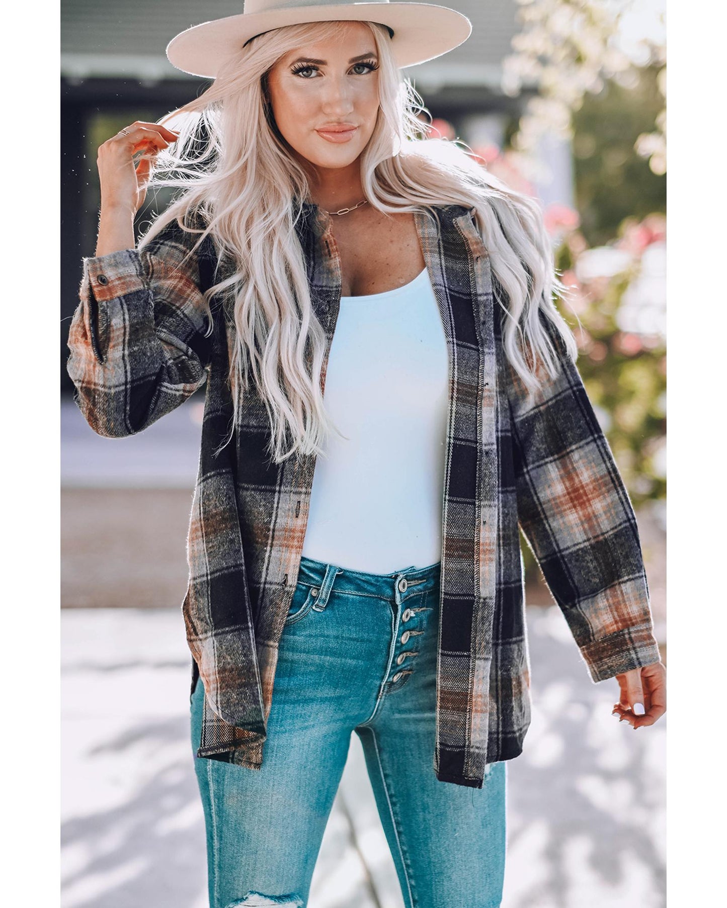 Black Oversize Rounded Hem Plaid Shacket with Slits - XL