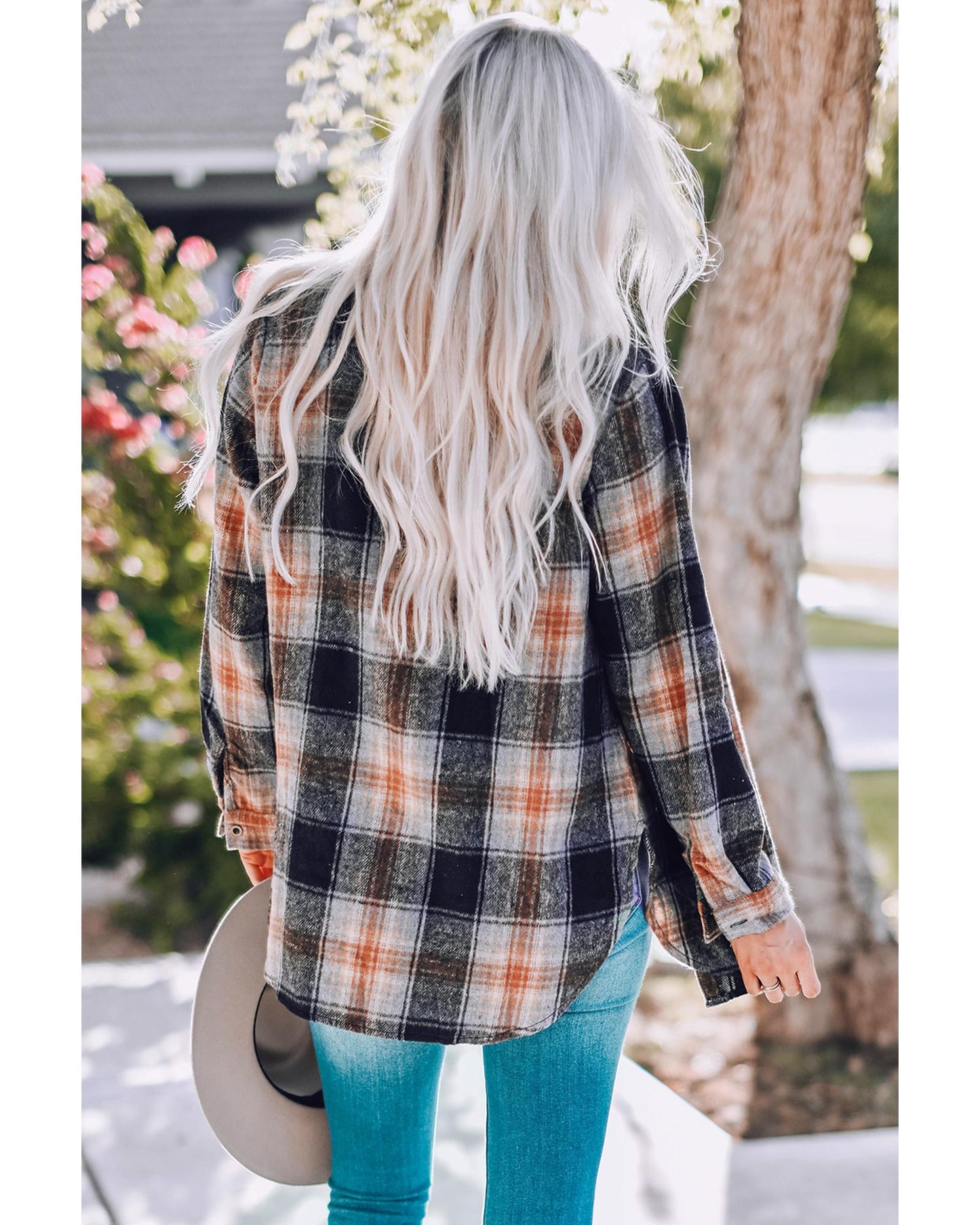 Black Oversize Rounded Hem Plaid Shacket with Slits - XL