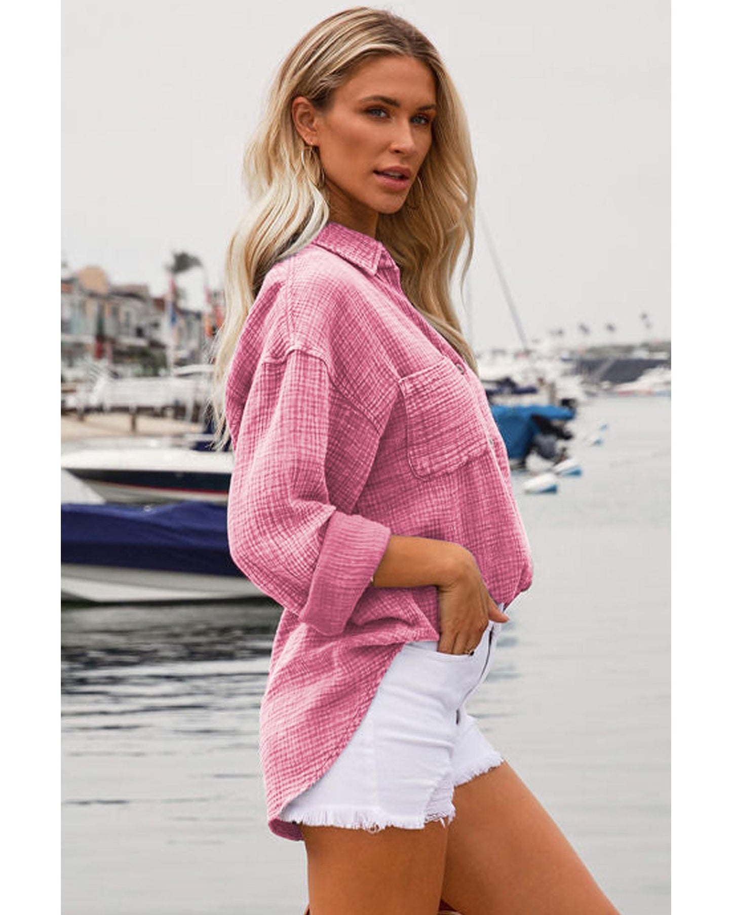Pink Mineral Wash Crinkle Textured Chest Pockets Shirt - M