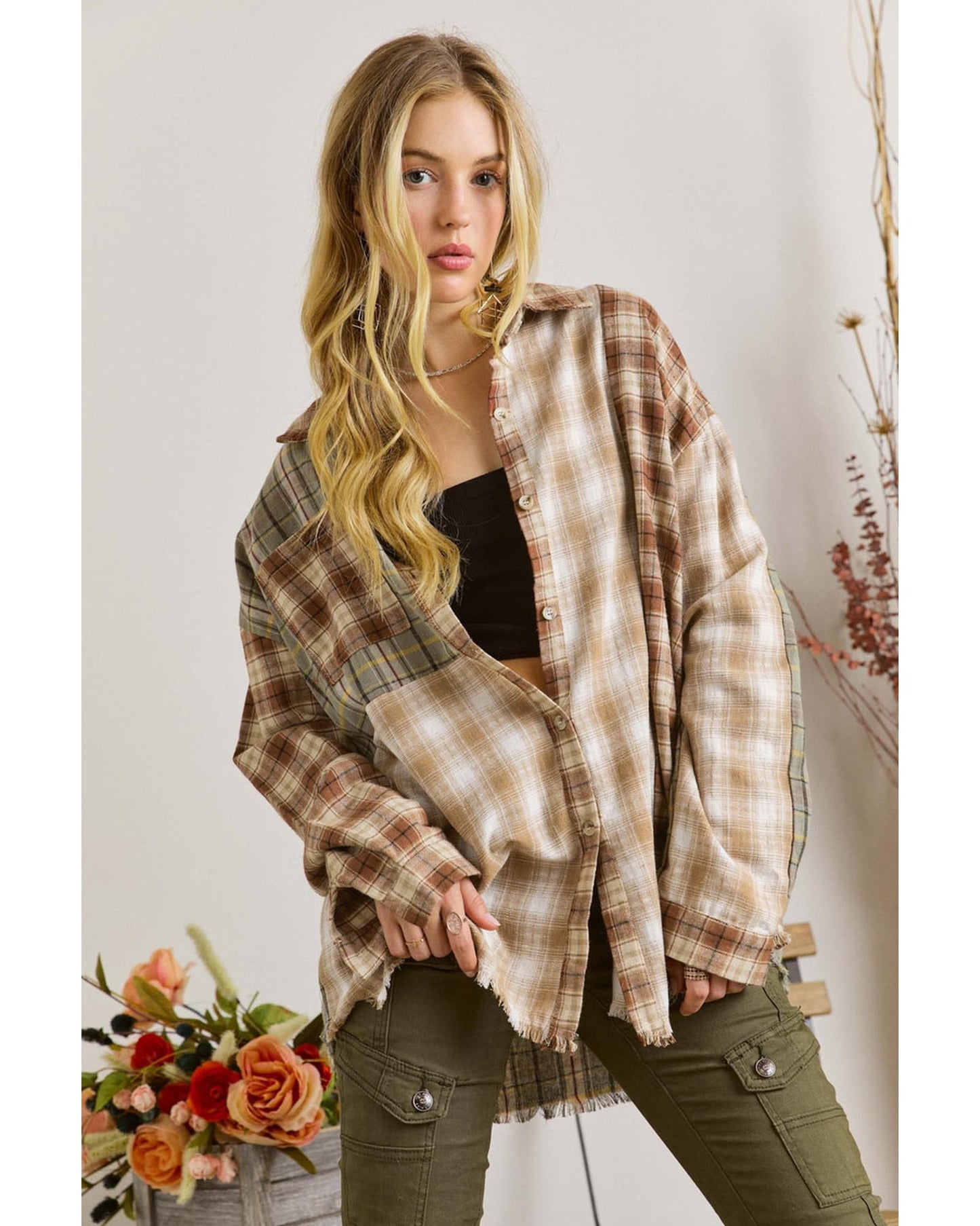 Brown Multi Plaid Patchwork Raw Edge Casual Shirt - XL