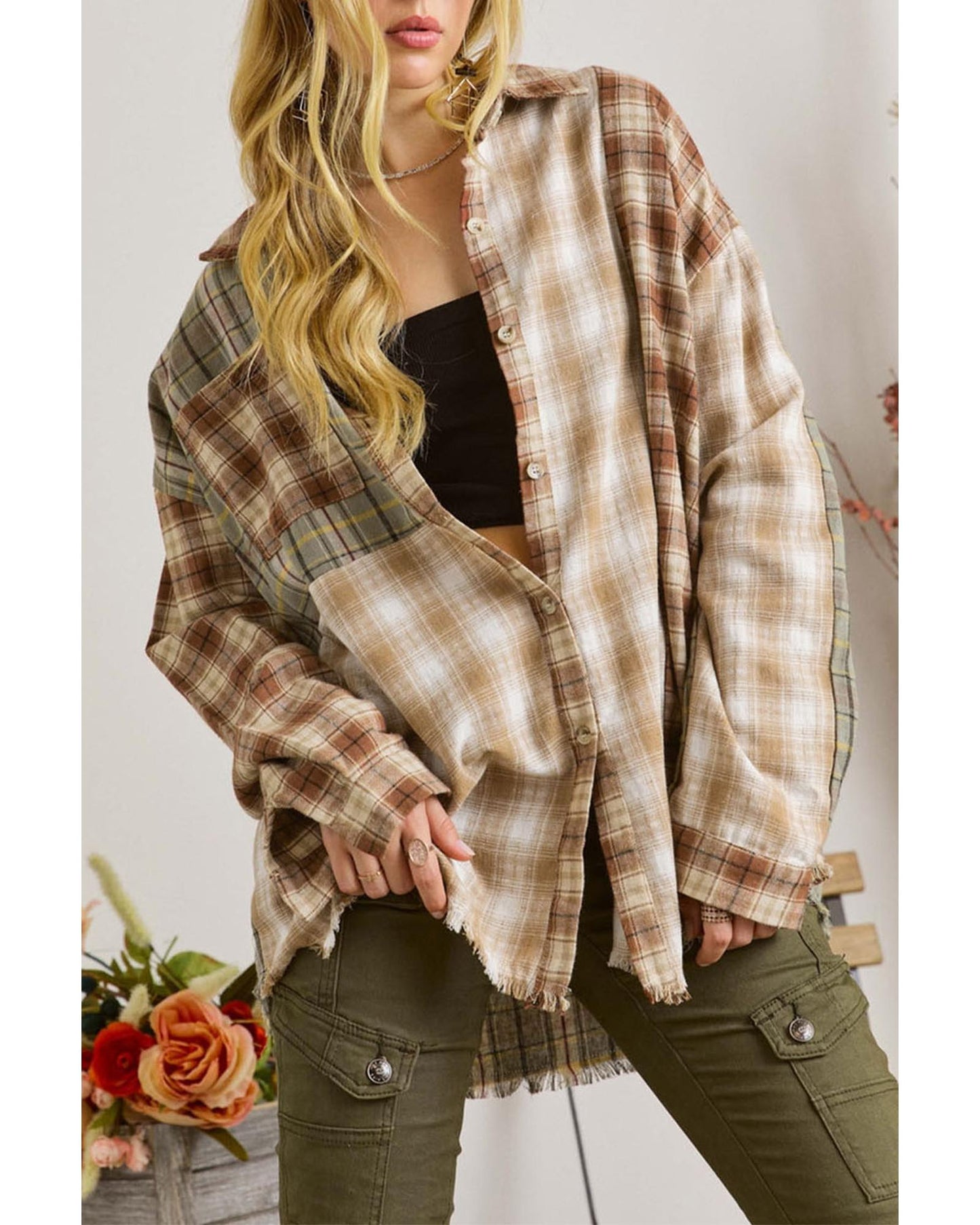 Brown Multi Plaid Patchwork Raw Edge Casual Shirt - XL