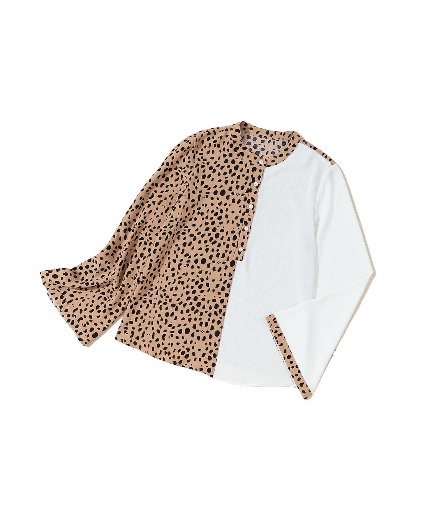 Khaki Leopard Contrast Half Button Casual Blouse - S
