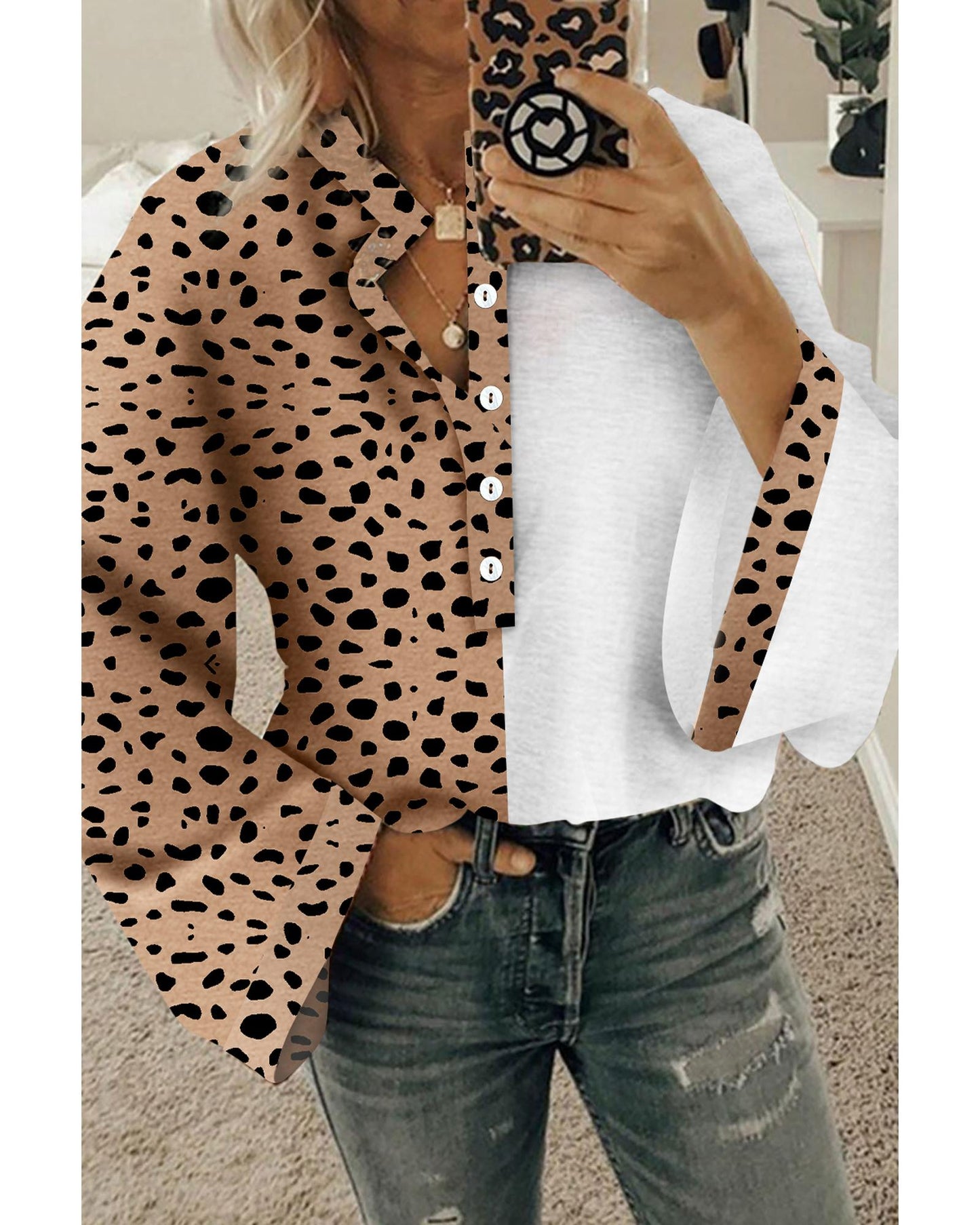 Khaki Leopard Contrast Half Button Casual Blouse - S