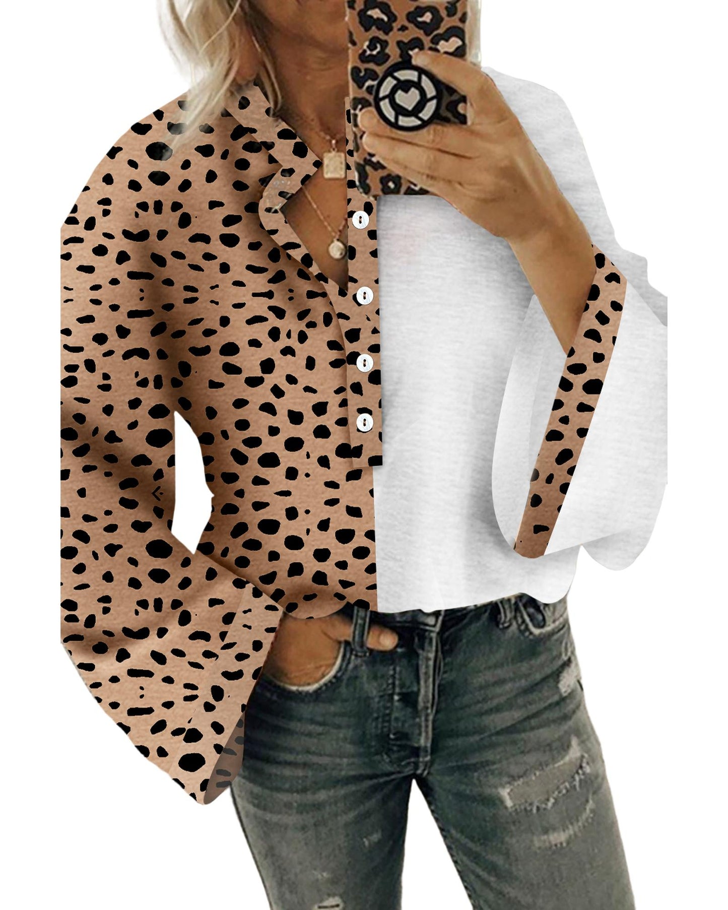 Khaki Leopard Contrast Half Button Casual Blouse - S