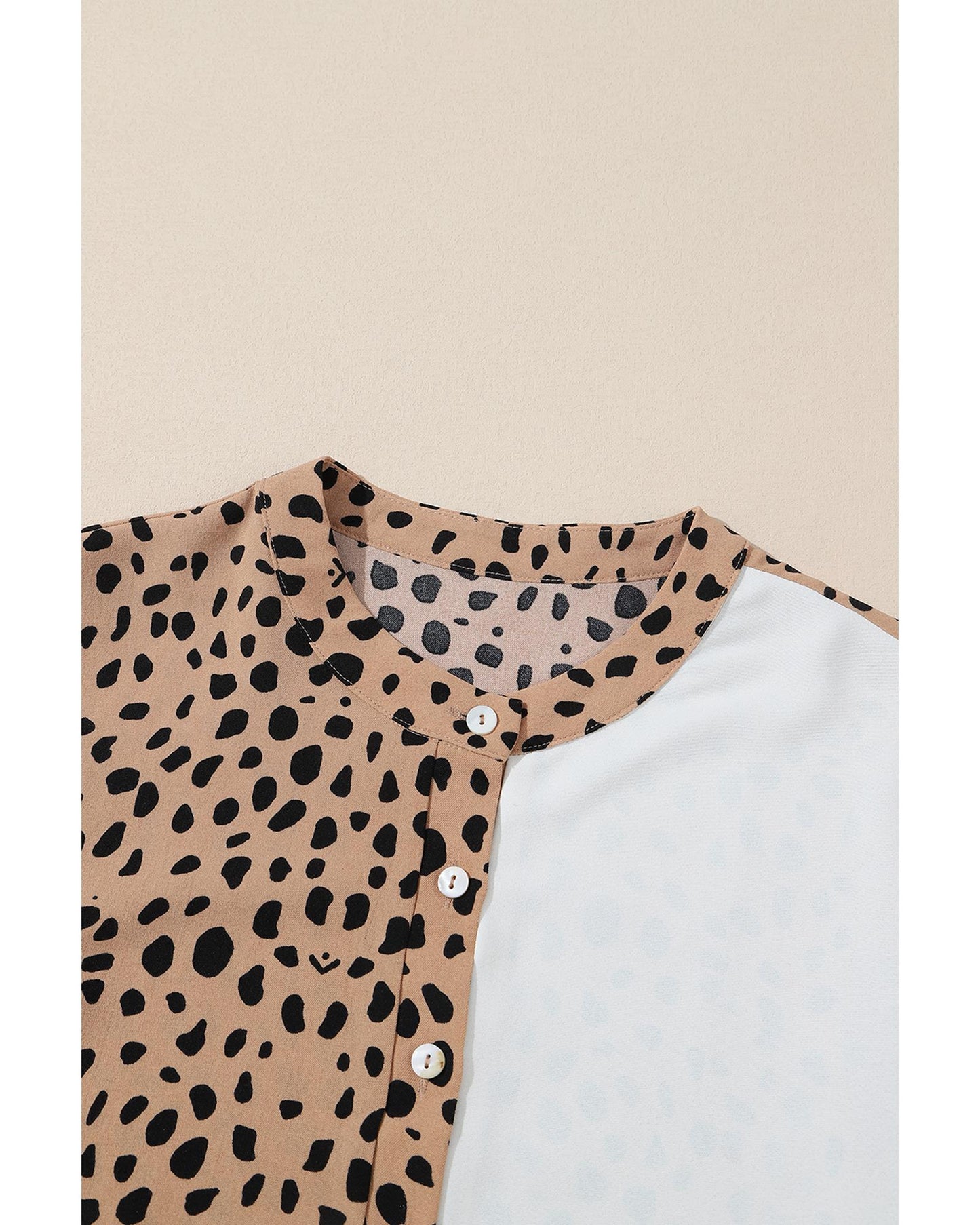 Khaki Leopard Contrast Half Button Casual Blouse - S