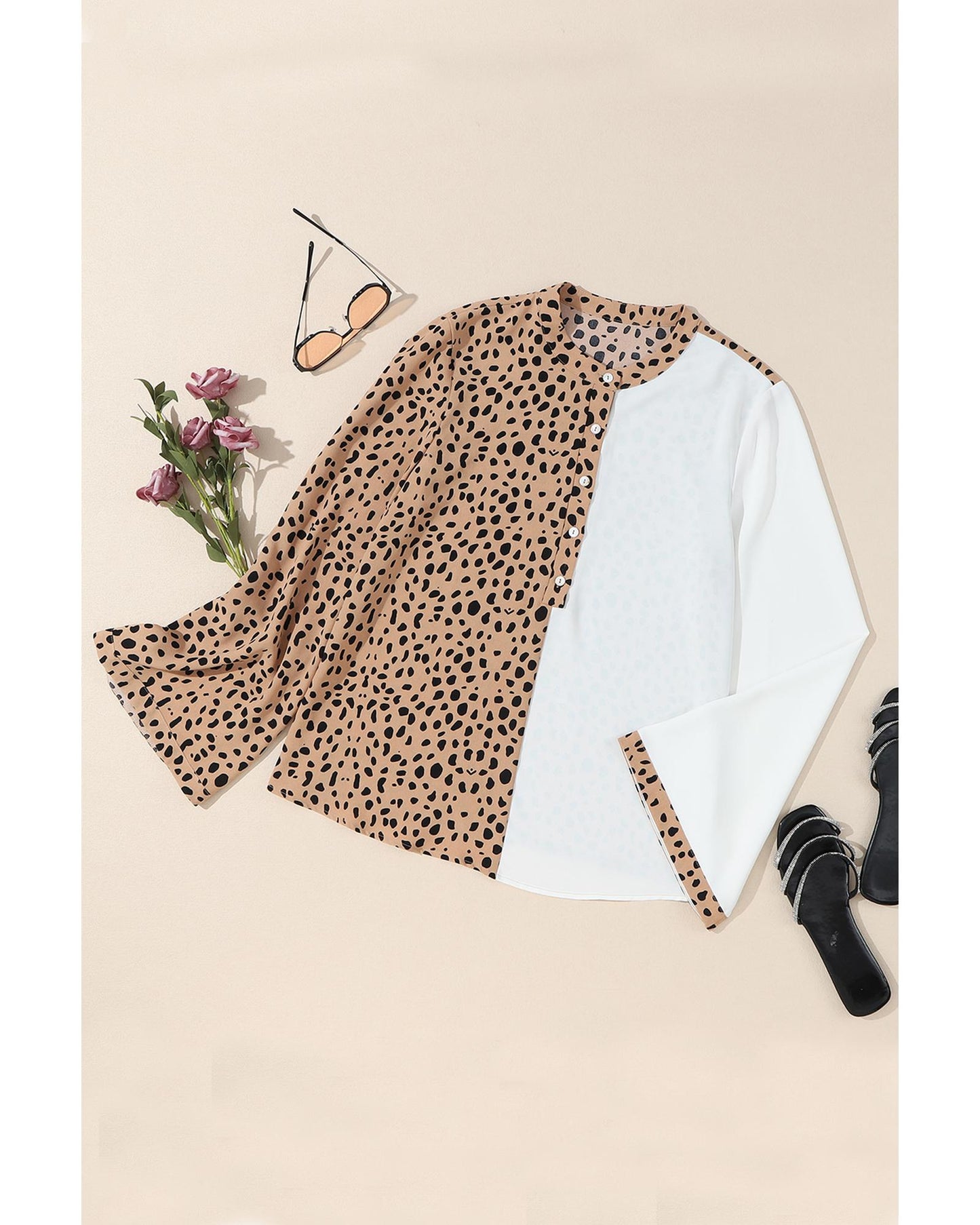 Khaki Leopard Contrast Half Button Casual Blouse - S