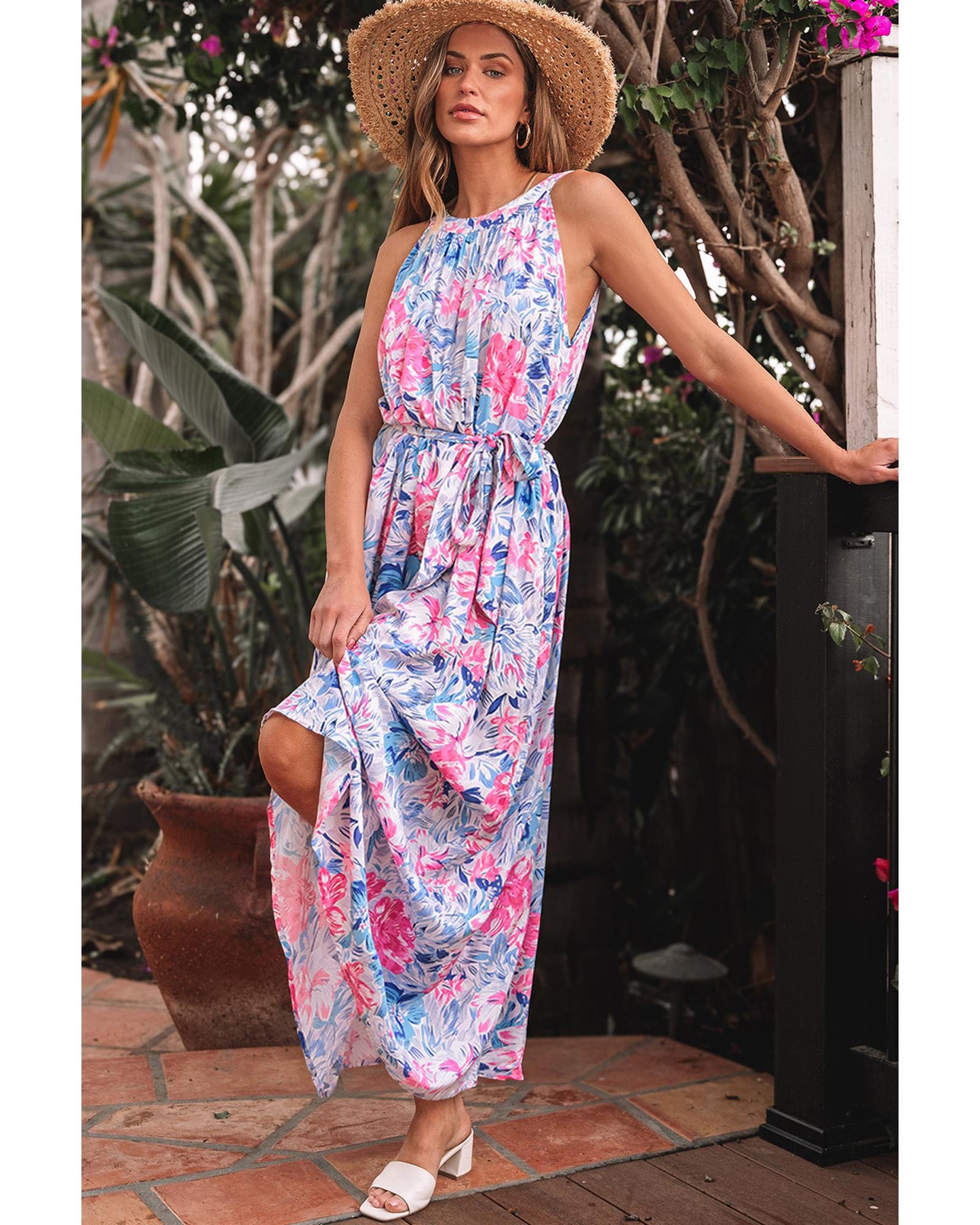 Sky Blue Floral Printed Sleeveless O Neck Knot Waist Maxi Dress - XL