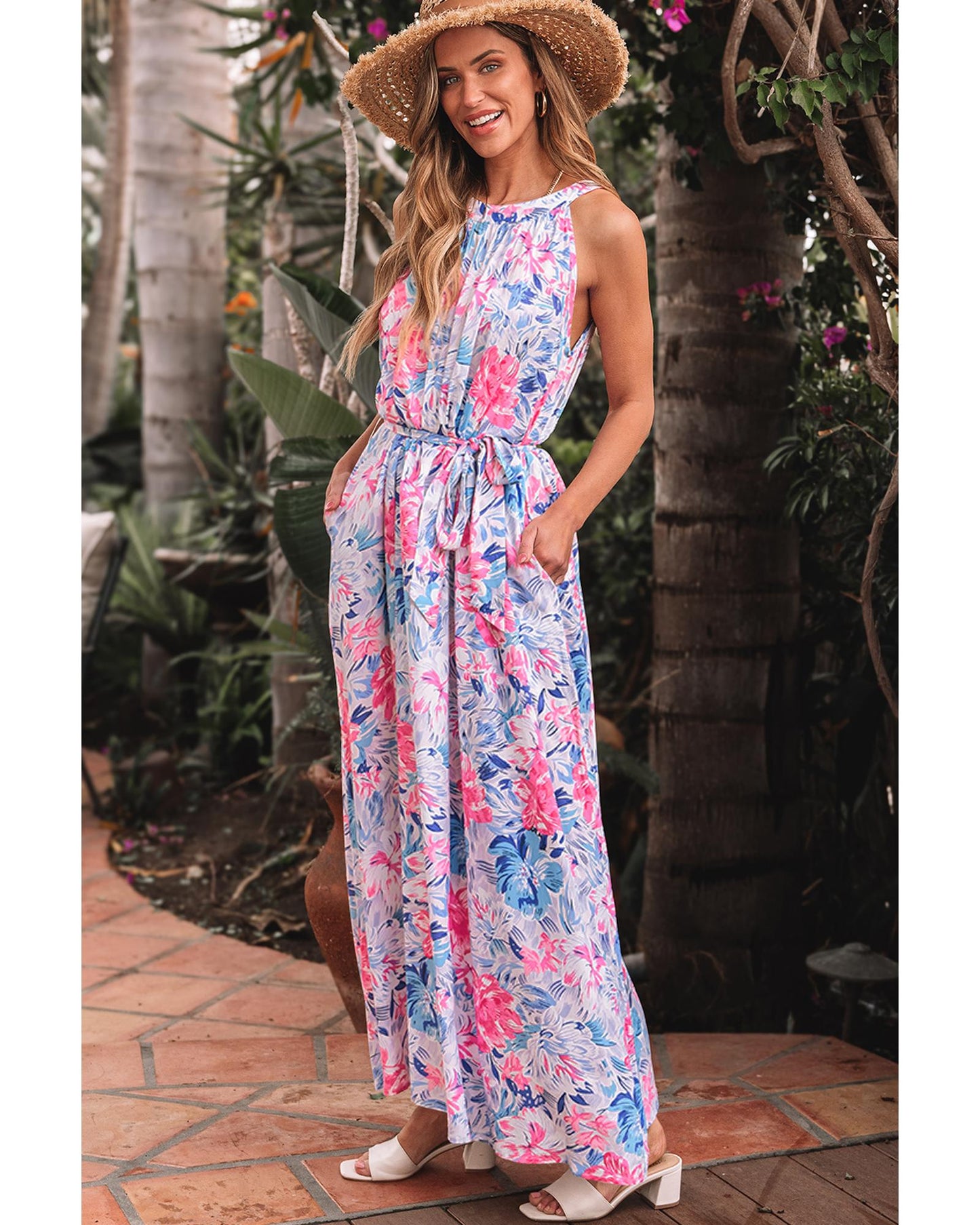 Sky Blue Floral Printed Sleeveless O Neck Knot Waist Maxi Dress - XL