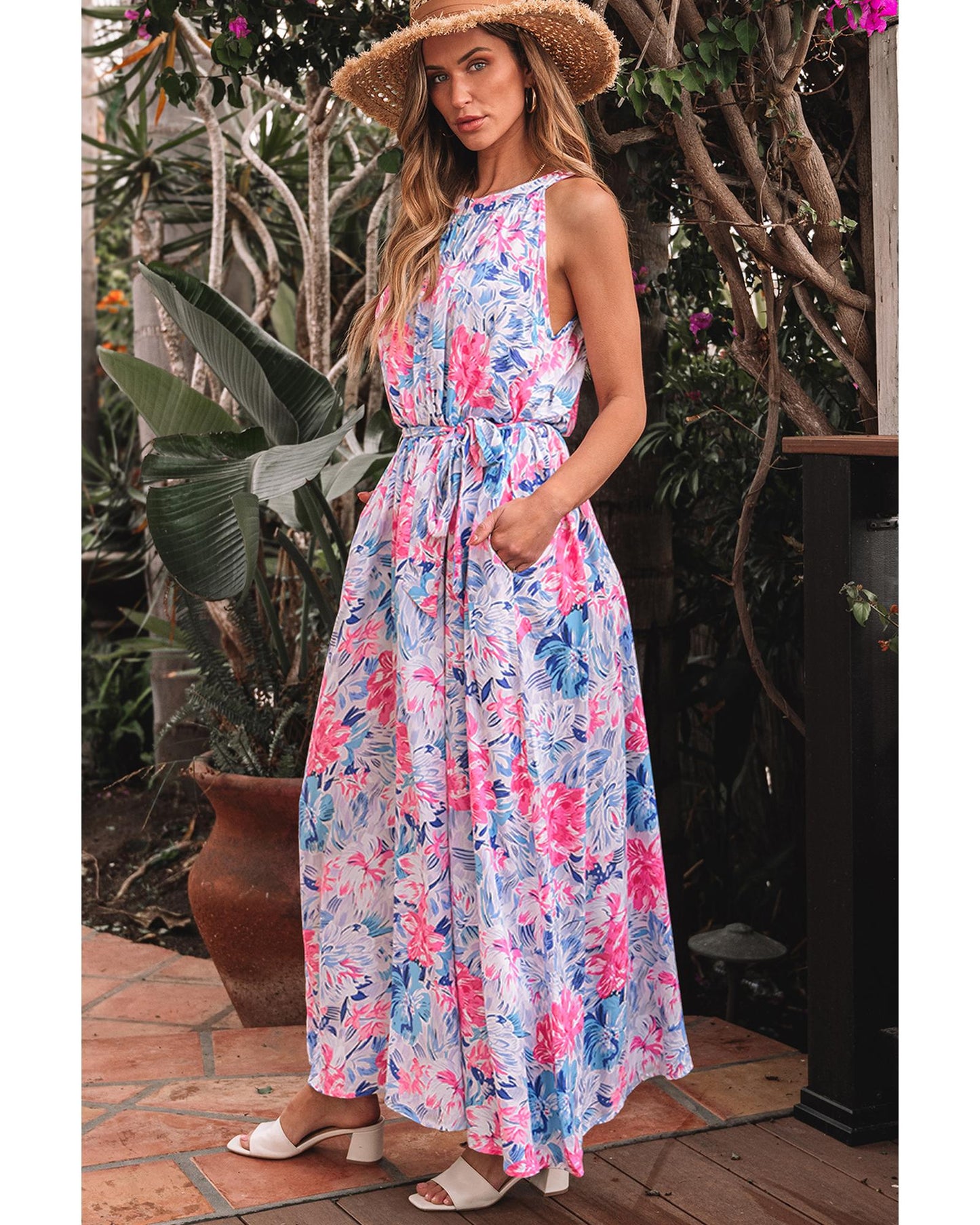 Sky Blue Floral Printed Sleeveless O Neck Knot Waist Maxi Dress - XL