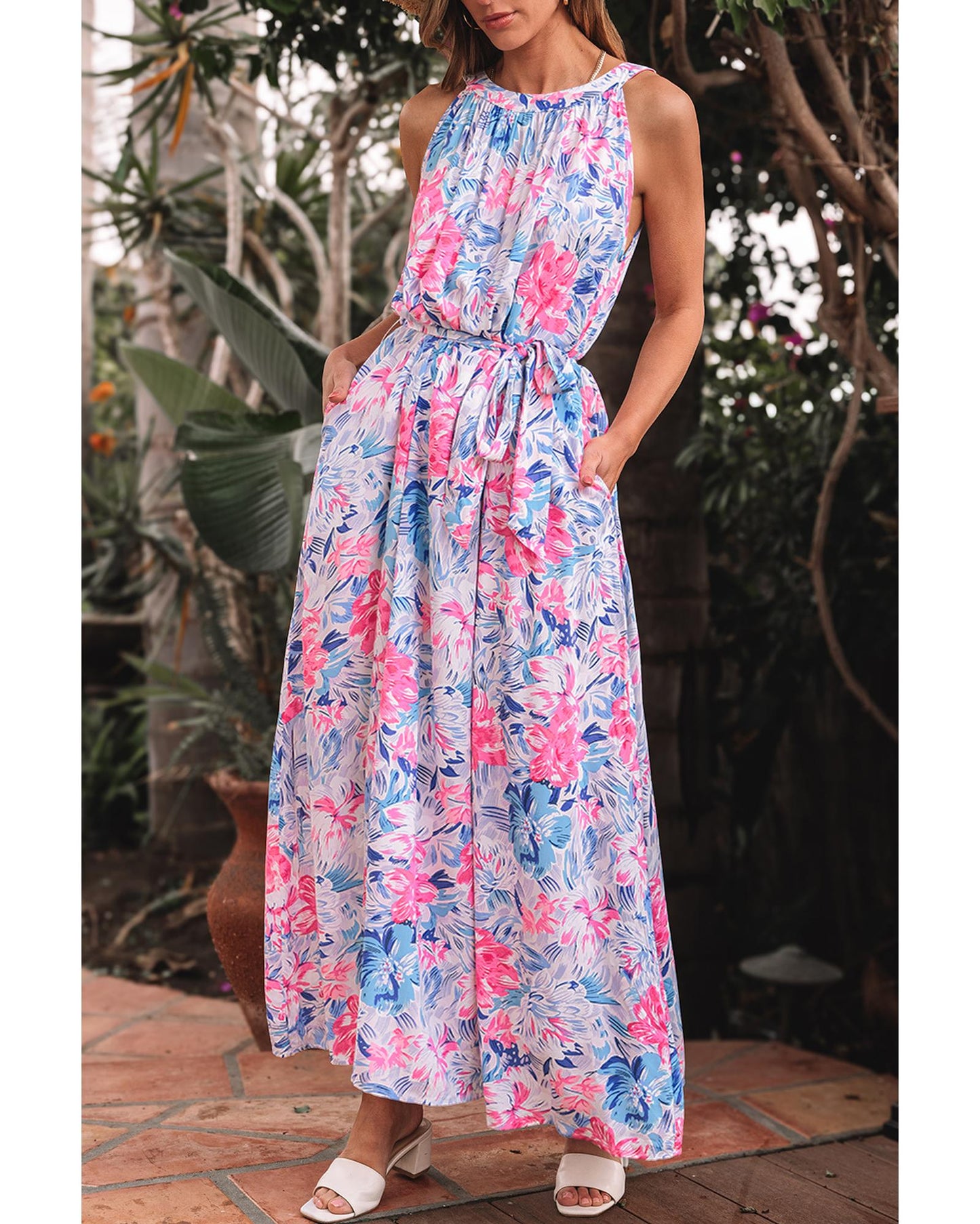 Sky Blue Floral Printed Sleeveless O Neck Knot Waist Maxi Dress - XL