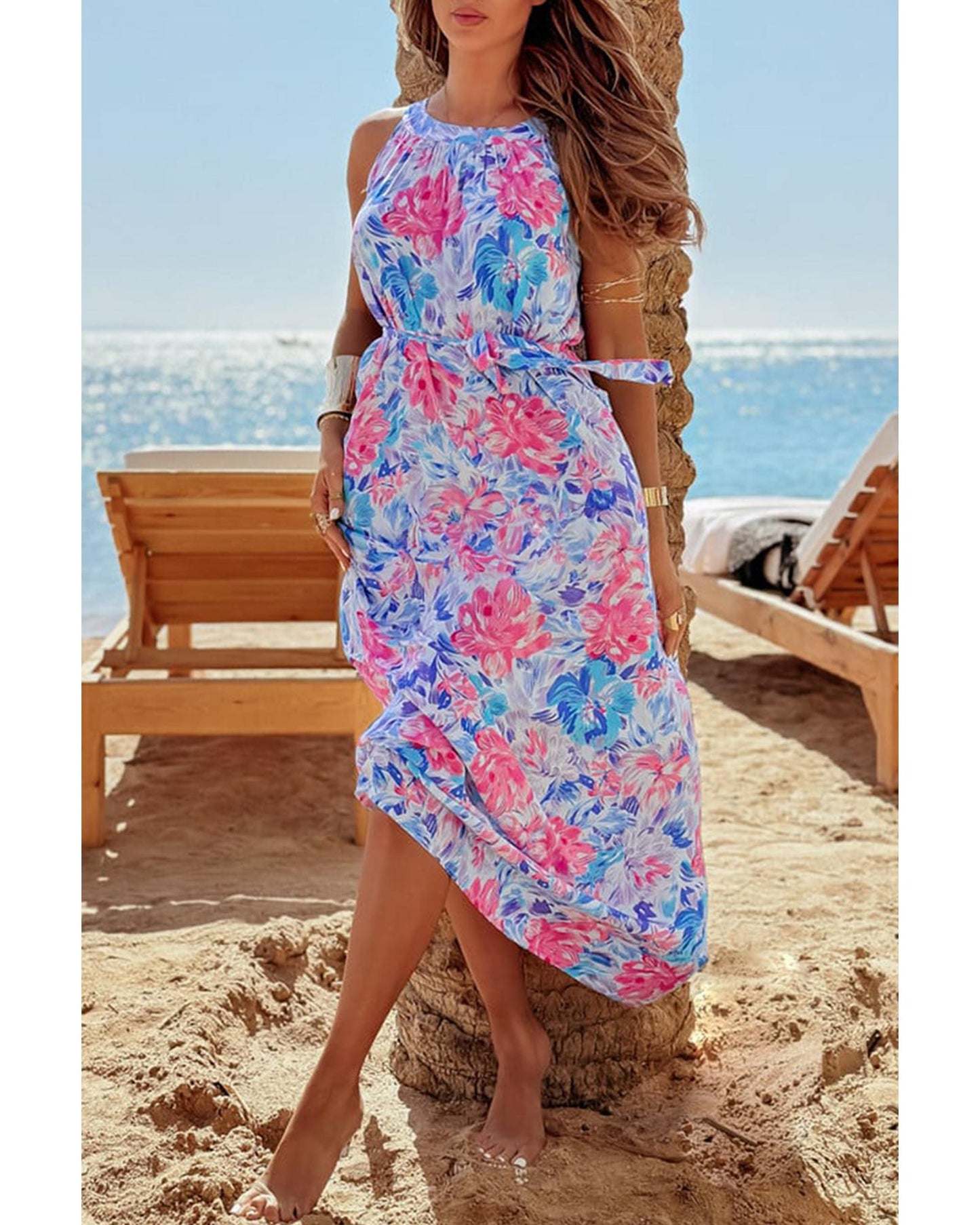Sky Blue Floral Printed Sleeveless O Neck Knot Waist Maxi Dress - XL