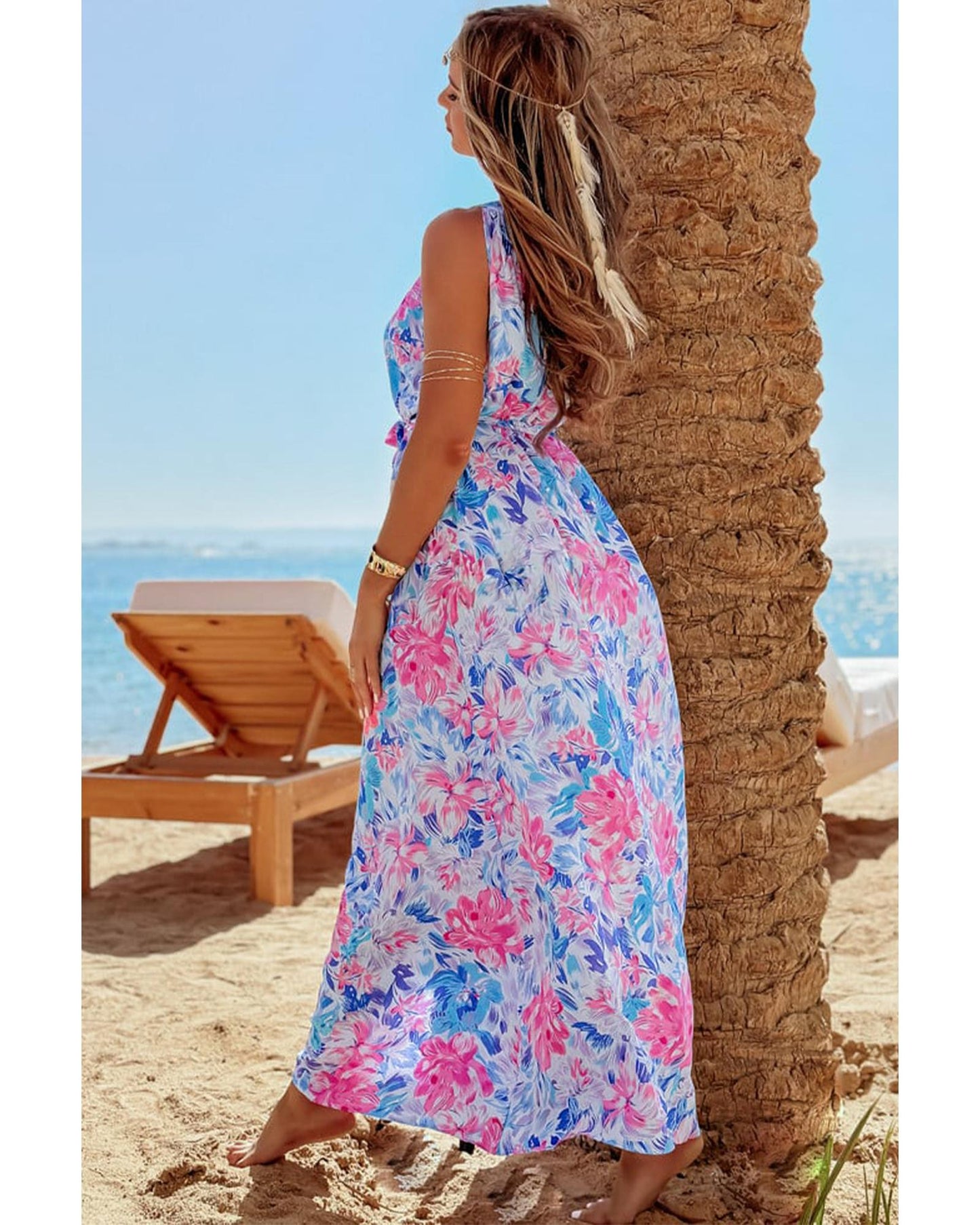 Sky Blue Floral Printed Sleeveless O Neck Knot Waist Maxi Dress - XL