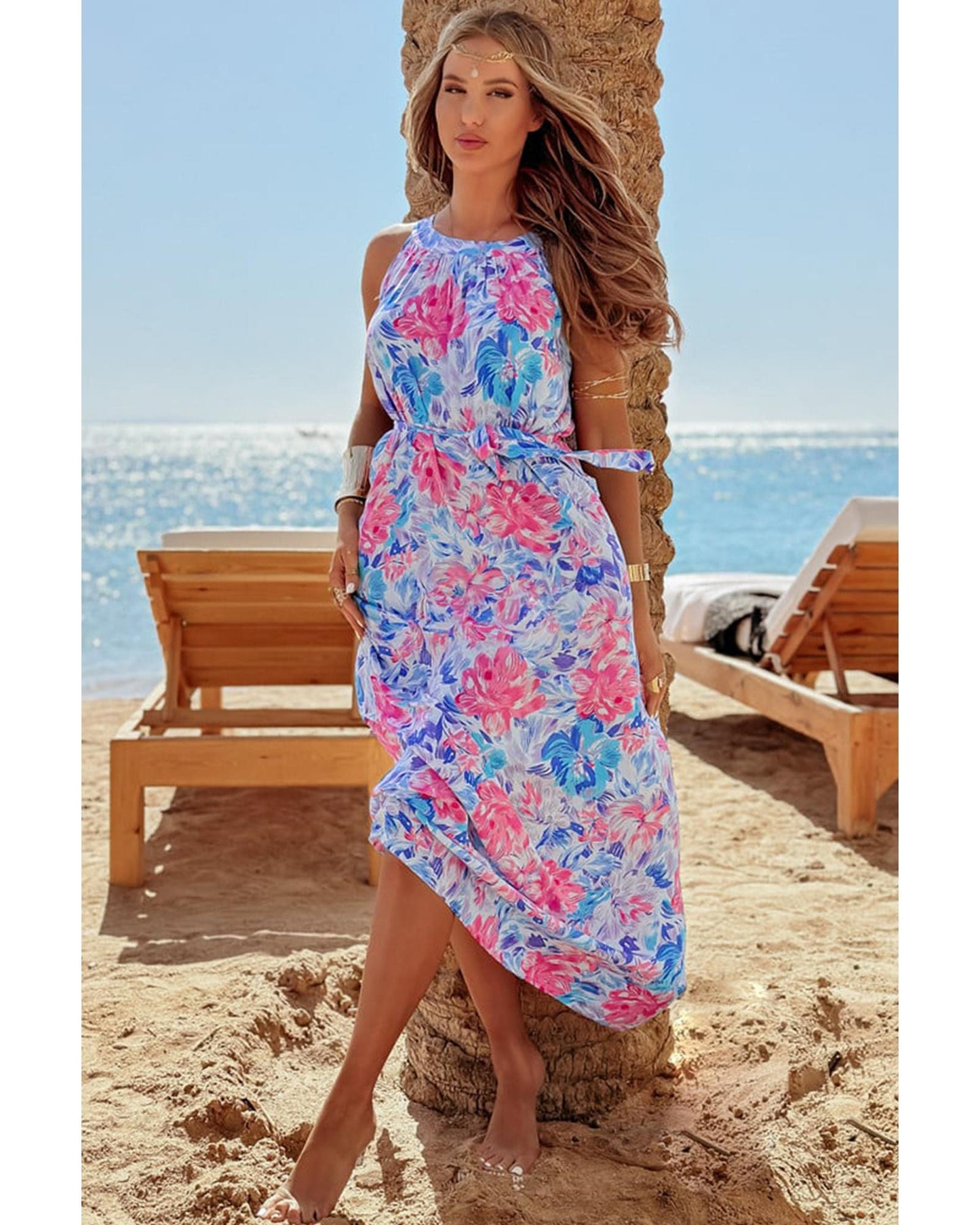Sky Blue Floral Printed Sleeveless O Neck Knot Waist Maxi Dress - XL
